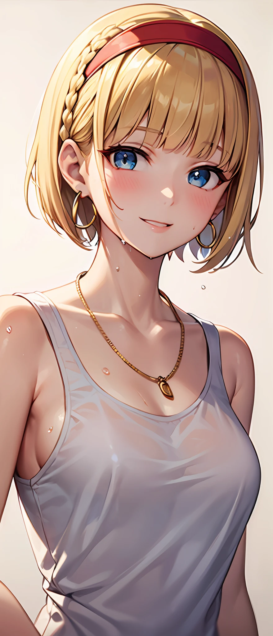 best quality,masterpiece,shiny blonde,blue eyes,white clothes, look down on, upper body,hair strand,Fair skin,short bob,wet through,french braid,blushing and red,blunt bangs,headband,simple necklace,hoop earrings,gladient hair,smile gently,camel toe,left sideburn is longer than right one