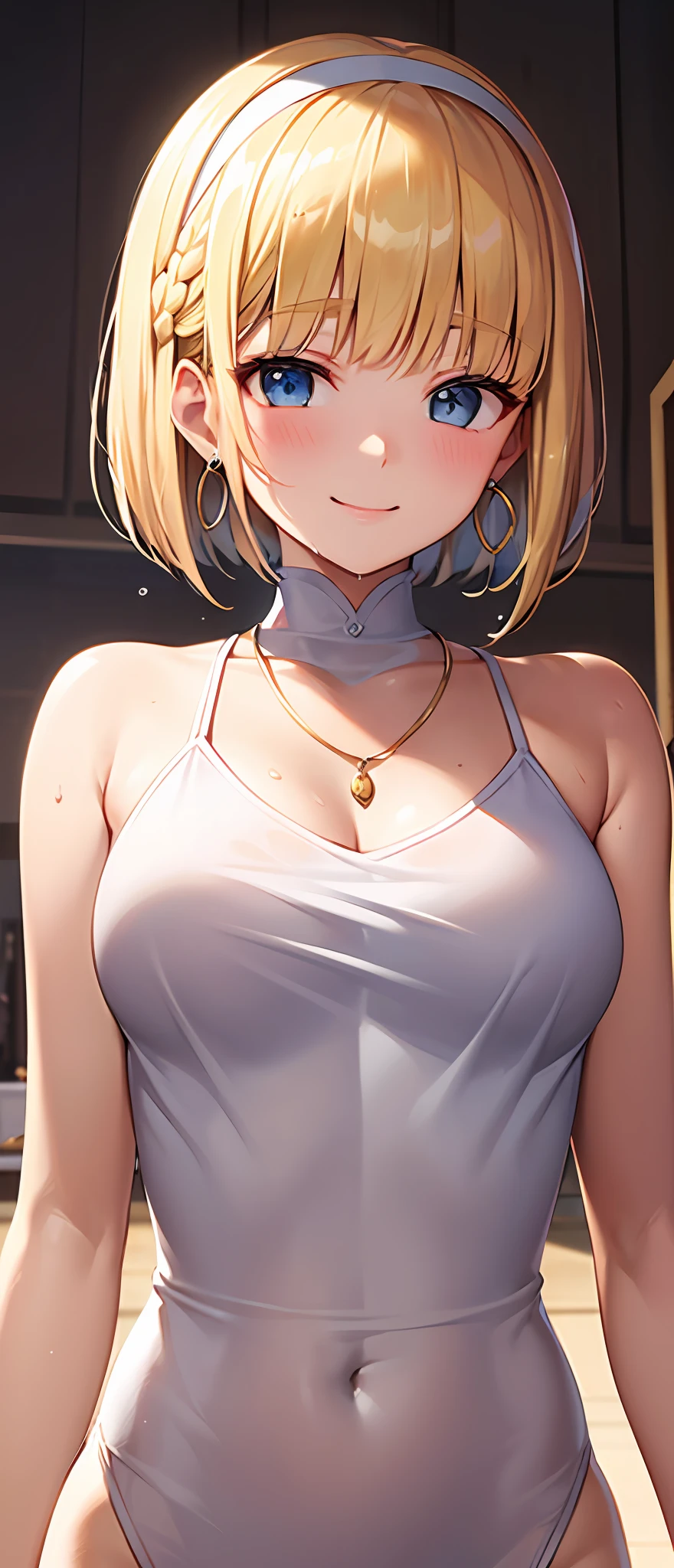 best quality,masterpiece,shiny blonde,blue eyes,white clothes, look down on, upper body,hair strand,Fair skin,short bob,wet through,french braid,blushing and red,blunt bangs,headband,simple necklace,hoop earrings,gladient hair,smile gently,camel toe,left sideburn is longer than right one