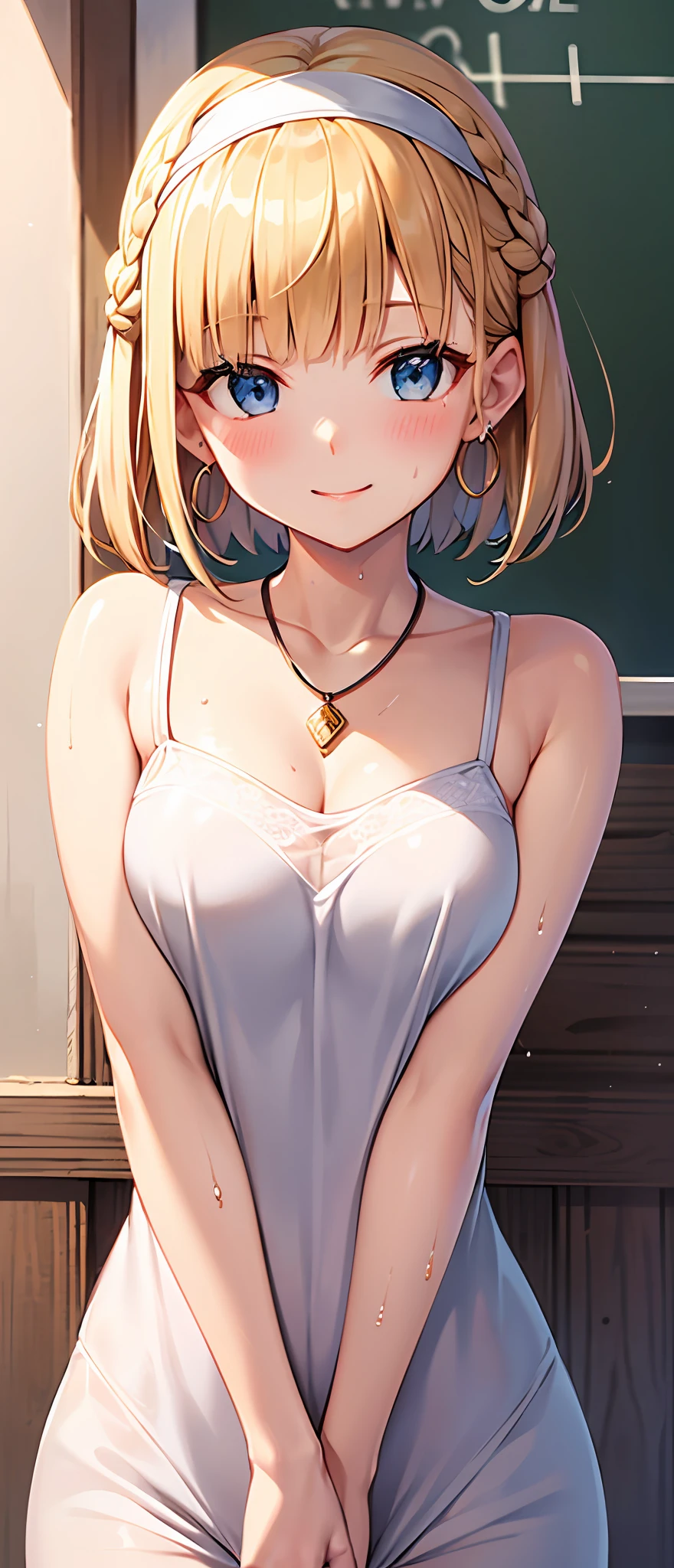 best quality,masterpiece,shiny blonde,blue eyes,white clothes, look down on, upper body,hair strand,Fair skin,short bob,wet through,french braid,blushing and red,blunt bangs,headband,simple necklace,hoop earrings,gladient hair,smile gently,camel toe,left sideburn is longer than right one