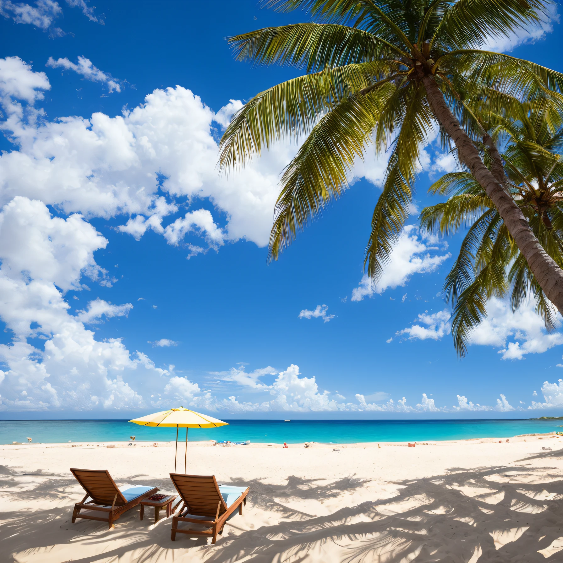 夏天，sandbeach，the ocean，coconut palms，beach umbrella，Clouds，blue-sky，couple，suns --auto