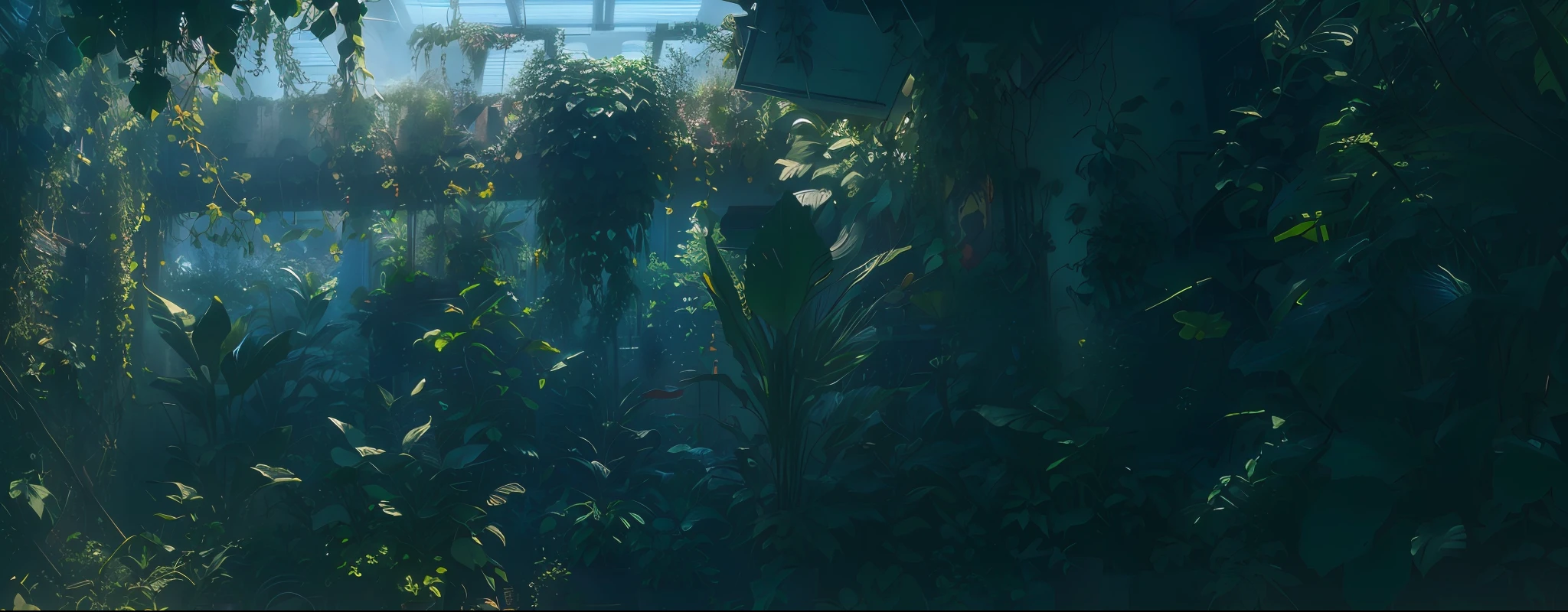 plants everywhere, There are few overgrown plants, indoor shooting, room full of plants, smog on the floor, Smoky room, A cinematic scene，highly details，Full-HD，8K，4K，hyper realisitc，动态照明，Very realistic，Surreal live-action photography style