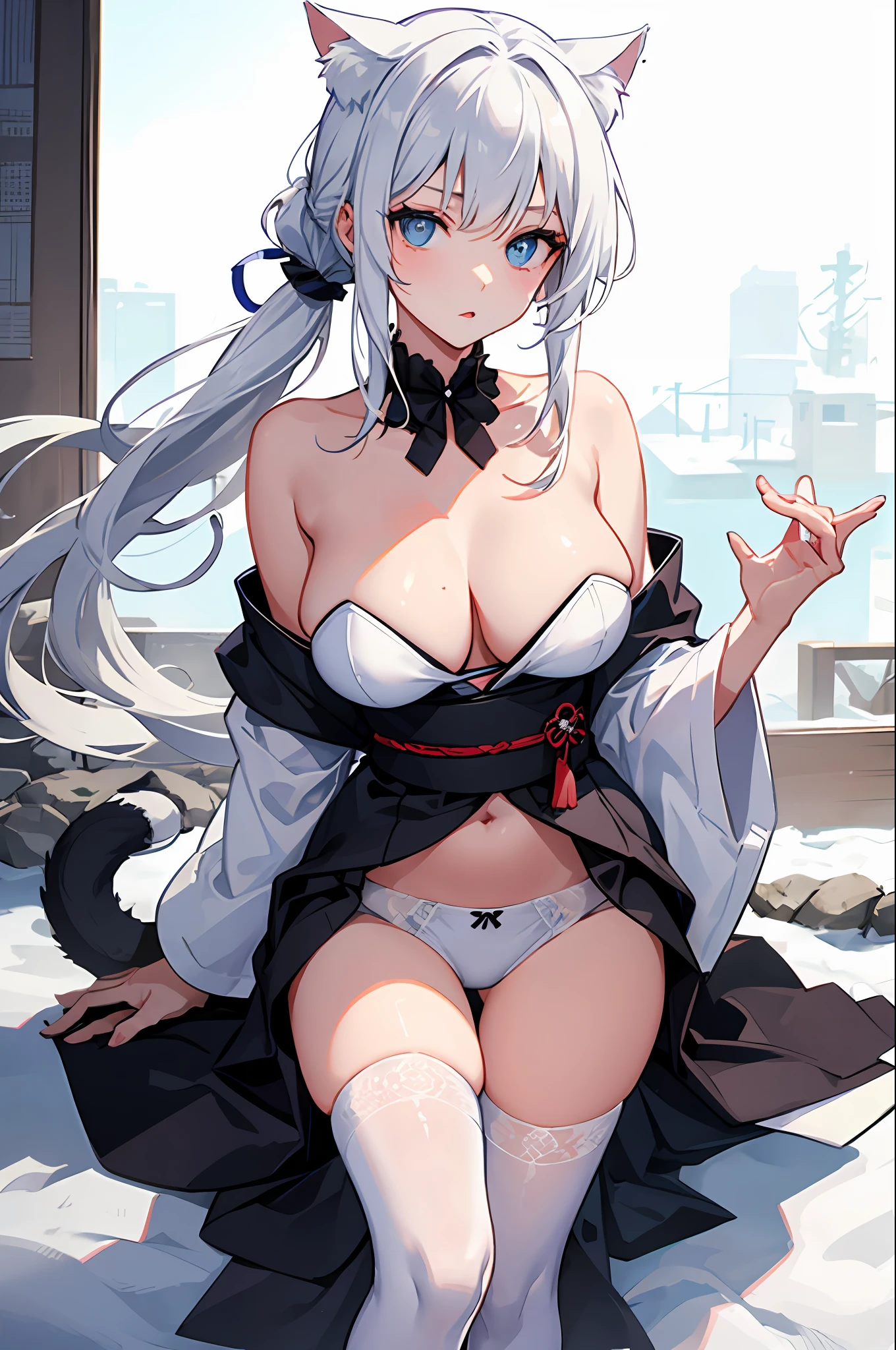 White color hair,blueneyes,Long hair single ponytail,Meow woman,The kinky is exposed,delicated,nakeness,Unoccluded,seductiv,cat ear,full bodyesbian,No underwear,ultra-transparent underwear,A coquettish expression,big-breasted ,slightly fat big breasts,nudegirl,white stockings,hot onsen,Open your breasts,Japanese clothing