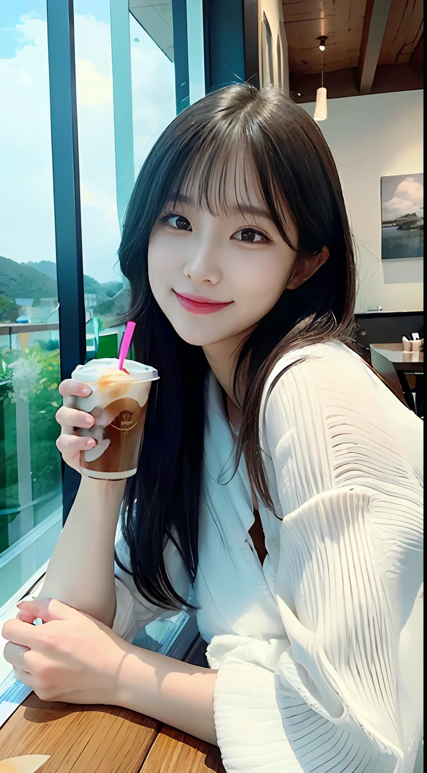"{{superlative degree}}, {{ighly detailed}}, {{extremely delicate and beautiful}}, White enjoying iced coffee in cozy coffee shop。She is depicted on the front。Place your diagonal elbows on the table、Bright eyes attract the attention of the viewer Gentle sunlight pouring through the walls of the window creates a calm and cozy atmosphereA woman exuding a sense of relaxation and satisfaction while drinking coffee、coffee、eye level、landscapes、And masterpieces are perfectly captured in this high-quality illustration。」