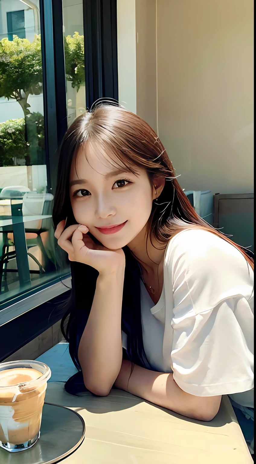 "{{superlative degree}}, {{ighly detailed}}, {{extremely delicate and beautiful}}, White enjoying iced coffee in cozy coffee shop。She is depicted on the front。Place your diagonal elbows on the table、Bright eyes attract the attention of the viewer Gentle sunlight pouring through the walls of the window creates a calm and cozy atmosphereA woman exuding a sense of relaxation and satisfaction while drinking coffee、coffee、eye level、landscapes、And masterpieces are perfectly captured in this high-quality illustration。」