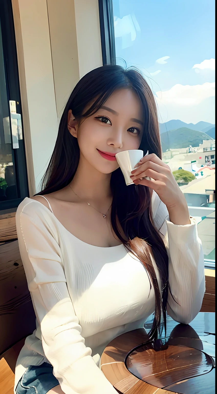 "{{superlative degree}}, {{ighly detailed}}, {{extremely delicate and beautiful}}, White enjoying iced coffee in cozy coffee shop。She is depicted on the front。Place your diagonal elbows on the table、Bright eyes attract the attention of the viewer Gentle sunlight pouring through the walls of the window creates a calm and cozy atmosphereA woman exuding a sense of relaxation and satisfaction while drinking coffee、coffee、eye level、landscapes、And masterpieces are perfectly captured in this high-quality illustration。」