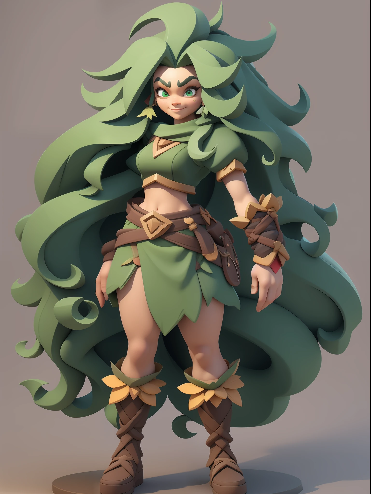1 beautiful long-haired girl，Full body like，（European and American cartoon Q version，3D model rendering，Primitive barbarian style），Skinny archer，green leaf garnish，Barbarians，Clash Royale style，Cartoon model rendering，low poly，highly details eye、beauitful face，Mini Dwarf，Complicated details，Full body standing painting，white backgrounid，tmasterpiece，best qualtiy，Best resolution，8K