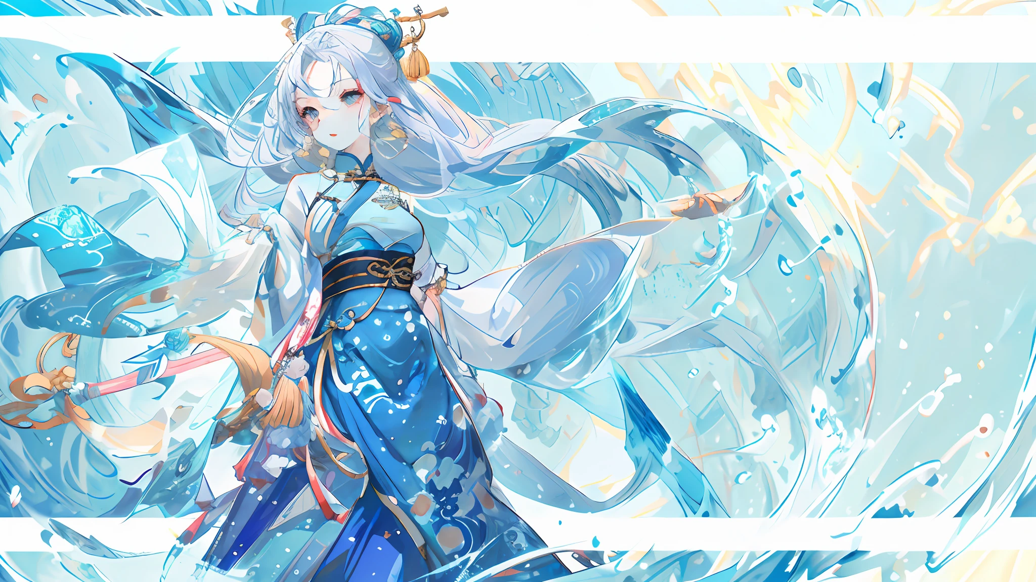 Exquisite facial features,Nice face,best qualtiy,tmasterpiece,ultra - detailed,swell sea,Buble,water flowing,one-girl,White color hair,blue skirts, Ancient Chinese clothing,National style background, 超高分辨率, 1girll, adolable,Raised sexy,Exposed flesh,seductiv, boobs exposed, 10 years old, childish looks, Kawaii face, Detailed skins,, Chinese ancient style, full bodyesbian, Slim,