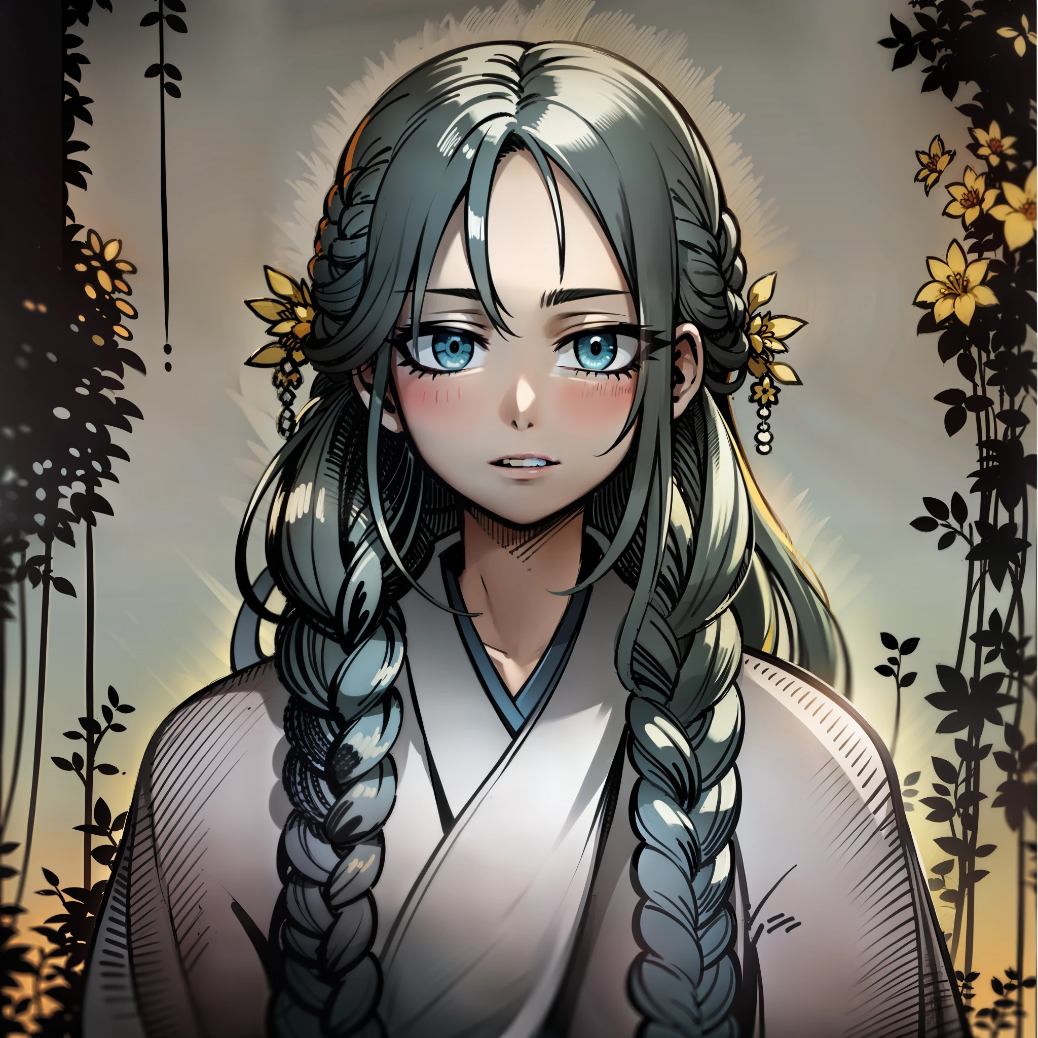 male people,long whitr hair,Twist braids,Antique Hanfu,Beautiful face,blue color eyes,high qulity