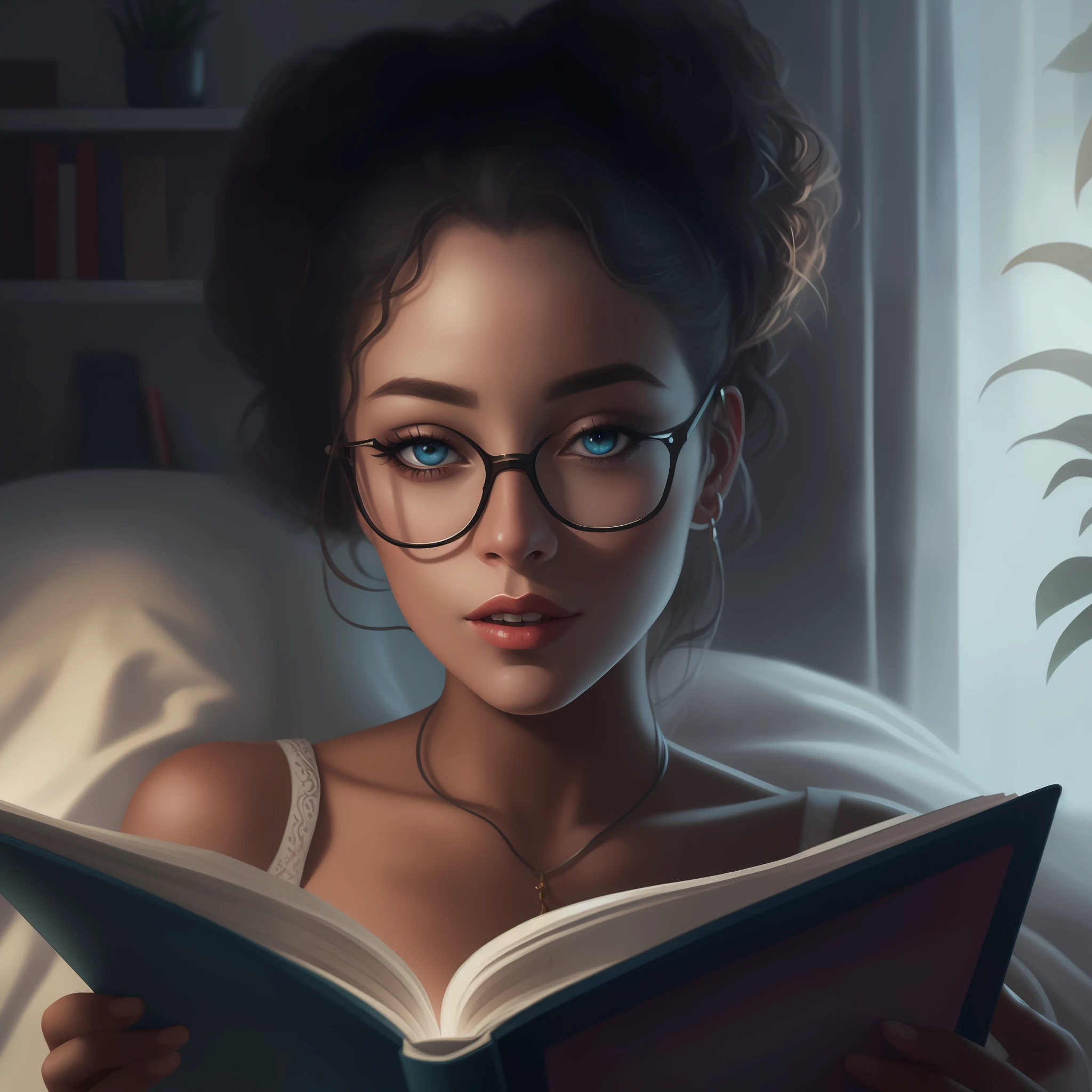 There is a woman reading a book in bed with a plant in the background, retrato do livro, retrato do livro do RPG, Epic portrait illustration, pintura realista da bonito, retrato de alta qualidade, Realistic portrait, Arte no estilo de Guweiz, estilo de arte charlie bowater, realistic fantasy illustration, realistic digital illustration, Procreate Illustration, stunning digital illustration, retrato detalhado do caractere