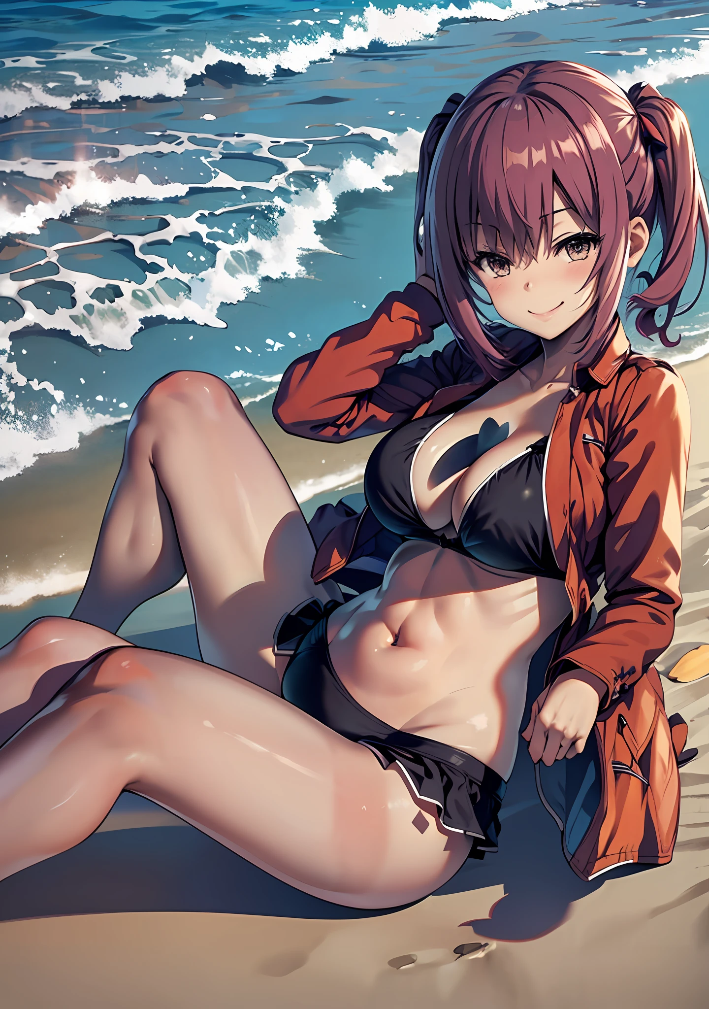 Masterpiece, high quality, best lighting, 1girl, amasawa ichika, short hair, red hair, twintails, ((bikini)), bikini mini, mini bikini, ((big breast)), ((big thigh)), smile, blush, cute face, sitting, perfect body, sexy, looking at viewer, in the beach, nsfw