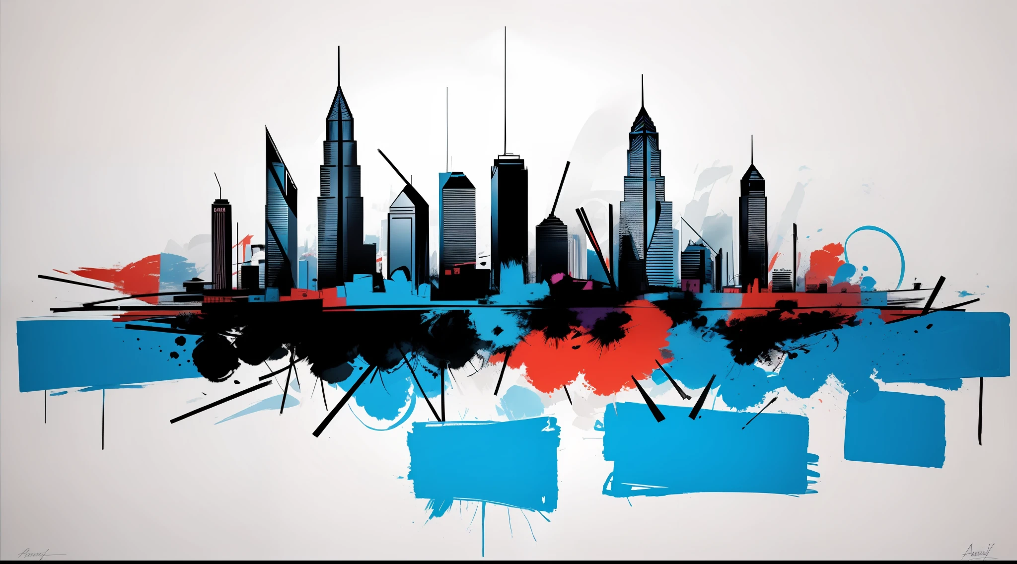 (abstract:0.2), modern art painting in the style of Andy Warhol, bold brushstrokes, fog, street view of skyscrapers, blue, white and grays