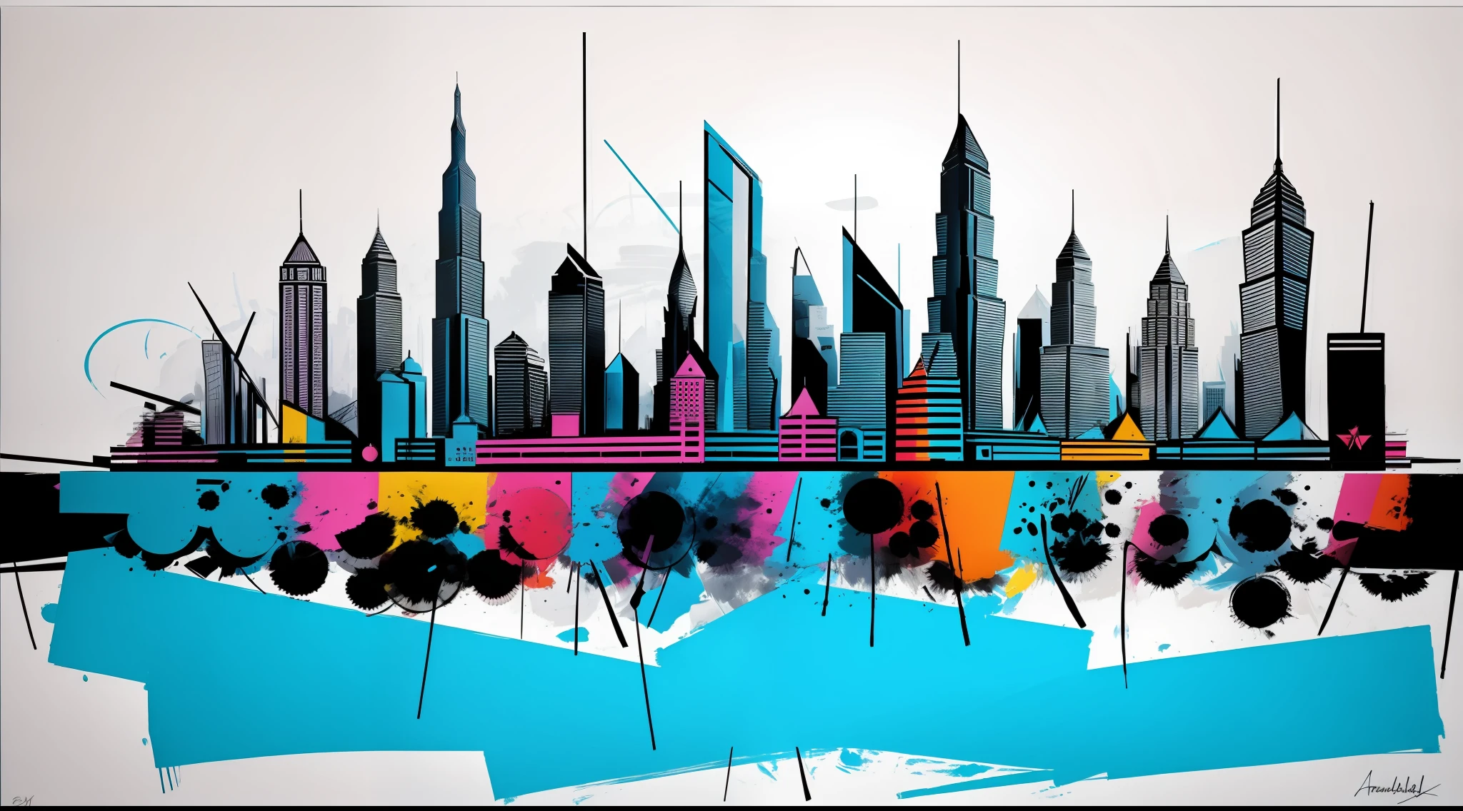 (abstract:0.2), modern art painting in the style of Andy Warhol, bold brushstrokes, fog, street view of skyscrapers, blue, white and grays