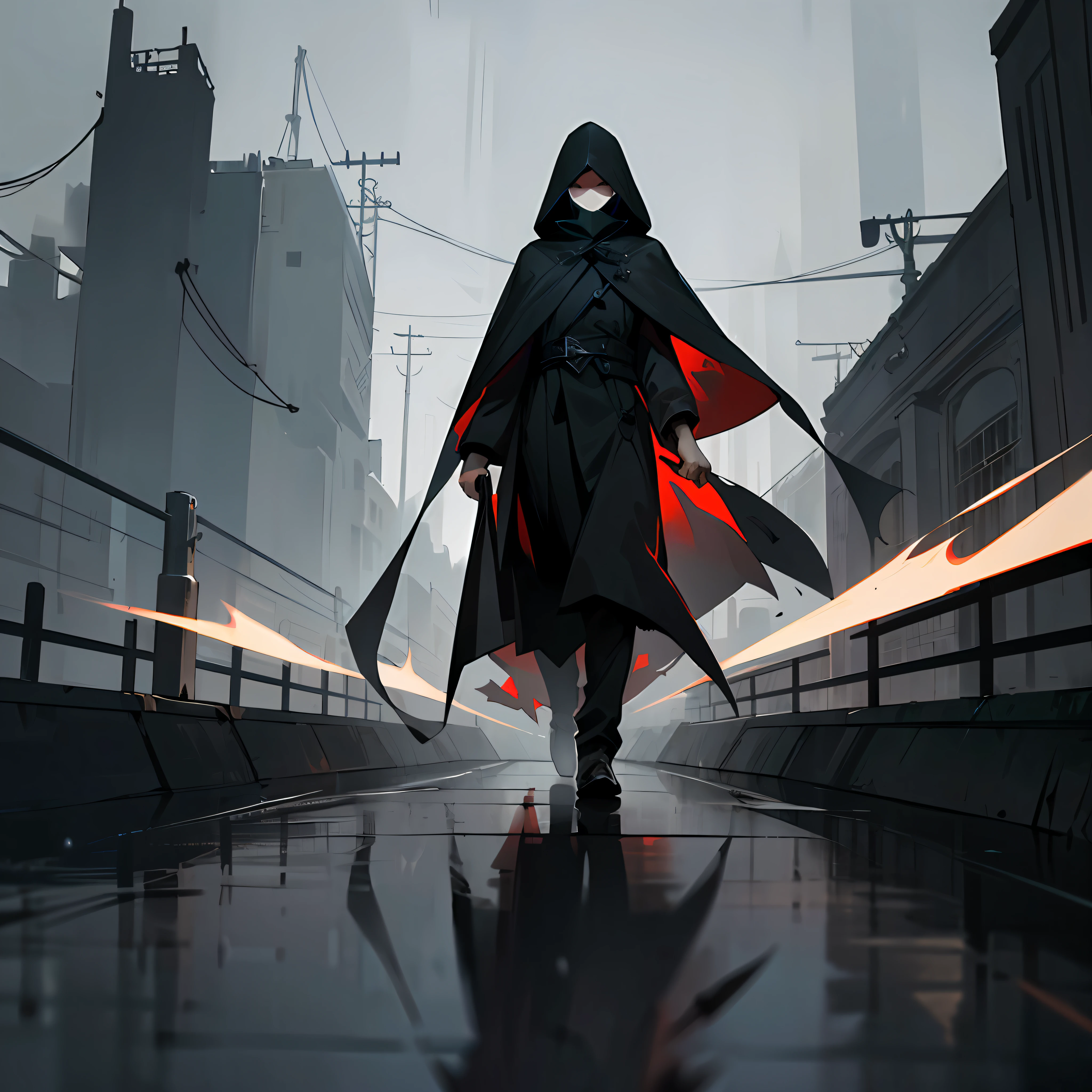 ((Dark wind+Dark tones+shadow effect),(gray cloak+masks)walking on a(Dark city+the street)Upp,A drizzle。) --auto