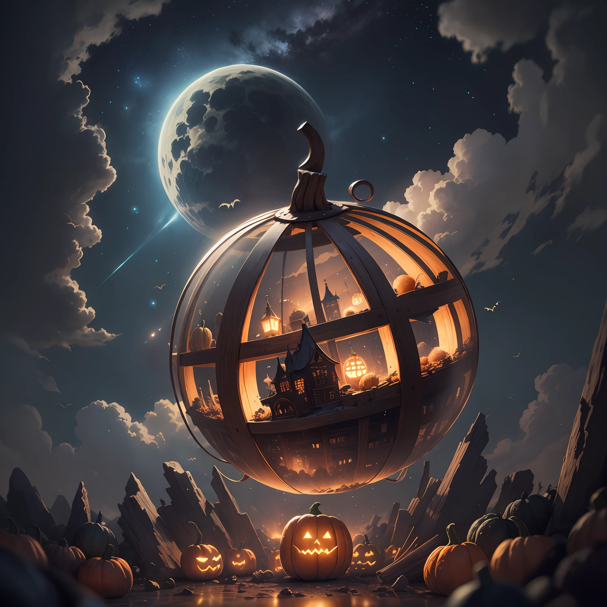 neo-classical, conceptual art, Ray tracing, Sparkle, Ultra-wide angle, kanon, f/4.0, hyper HD, 巨作, Best quality, A high resolution, Award-Awarded, 16k，Alchemy，steampunc，pumpkins，the bats，Flying broom，dreamy sky，
