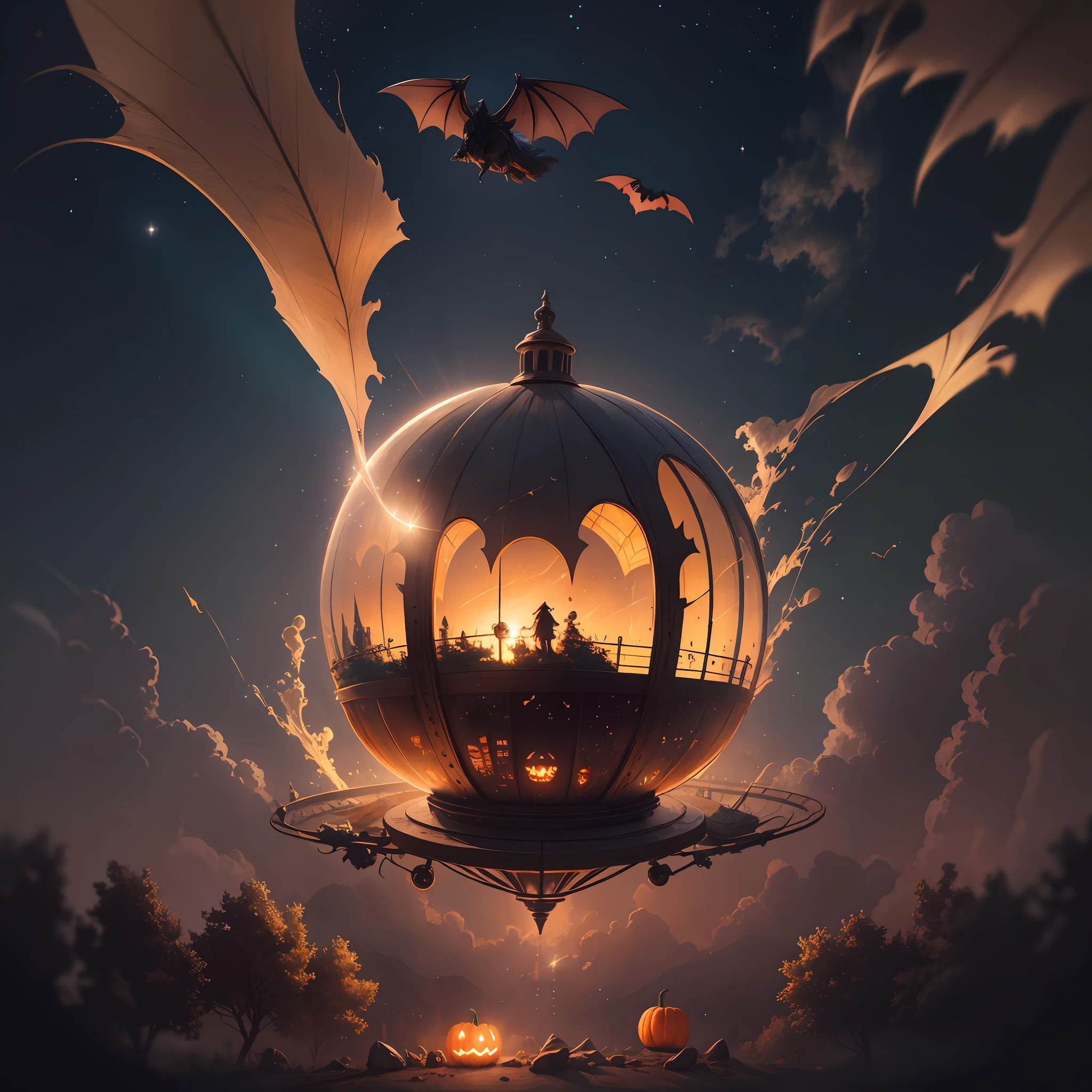 neo-classical, conceptual art, Ray tracing, Sparkle, Ultra-wide angle, kanon, f/4.0, hyper HD, 巨作, Best quality, A high resolution, Award-Awarded, 16k，Alchemy，steampunc，pumpkins，the bats，Flying broom，dreamy sky，