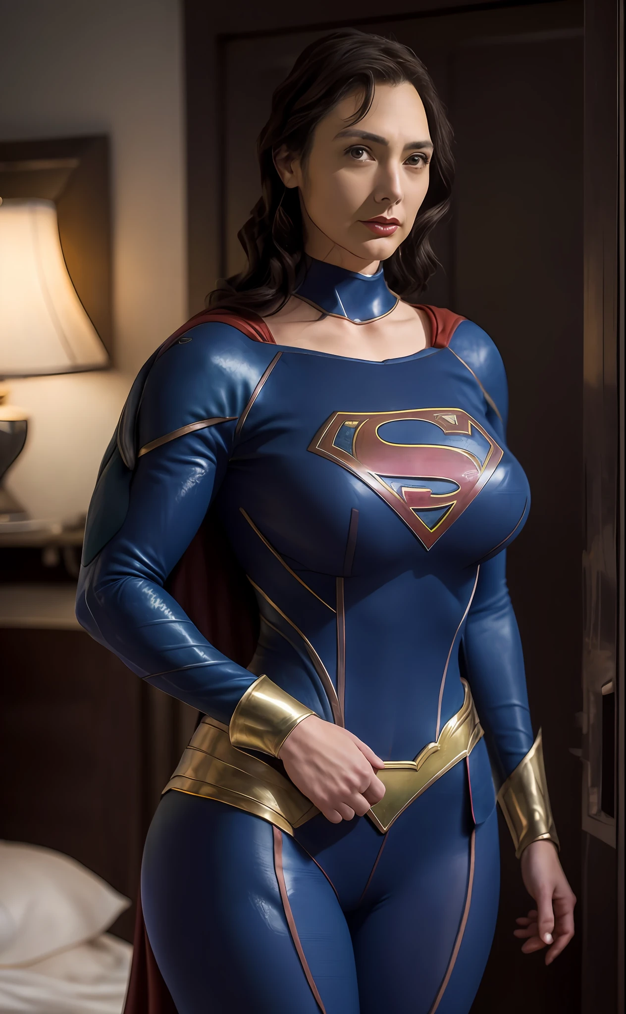 Araki woman in blue and gold poses for a photo, Close-up Shot Shot, Supergirl, close up photograph, super photo realistic, mega highly detailed, cory chase as an atlantean, gal gadot as supergirl, amouranth as a super villain, super detailed image, Superb detail 8 K, gal gadot as hell lord, hybrid of gal gadot