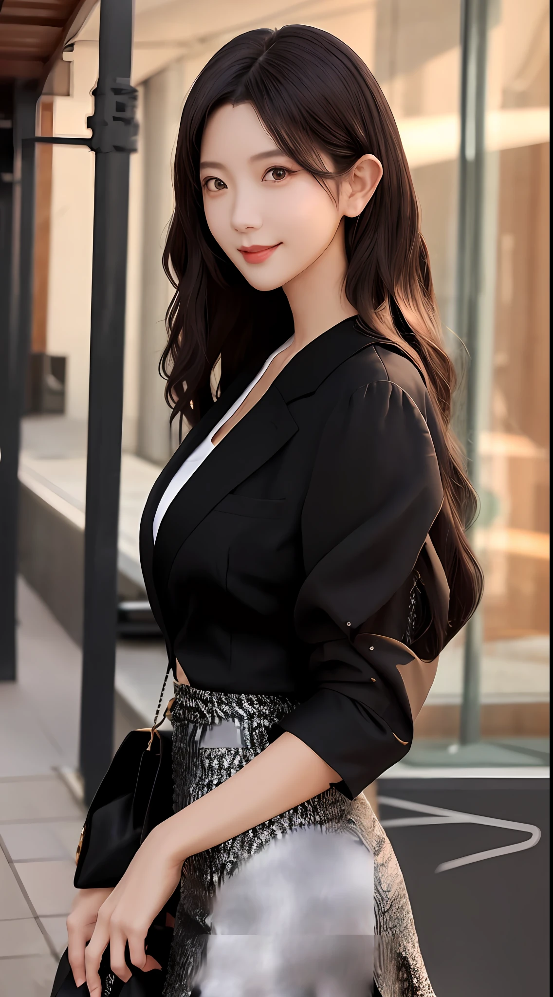 top-quality, ​masterpiece, 1girl in, beautiful countenance, (photographrealistic:1.3), Rim Lighting, (High Detail Skins:1.2), 8K UHD, Digital SLR, hightquality, hight resolution, 4K, 8K, bokeh dof, absurderes, best ratio four finger and one thumb, (realisitic:1.3), pretty 1girl, Wearing a black formal blazer, a short skirt,Japan is a 20-year-old beautiful woman.、Has an attractive appearance。very large udder、Her face is、Neat and lovely、A bright smile is characteristic.。The eyes are big、Firm eyebrows are impressive,、The soft mouth is attractive.。

As for the appearance of the whole body、Slender yet feminine curvaceous、Height is about 160 cm.。Hairstyle is sama々で、May show off long straight hair or wavy hairstyles。

Her fashion style is、From simple and classy、Wide range from casual to cute、Sometimes they even show mature attire.。