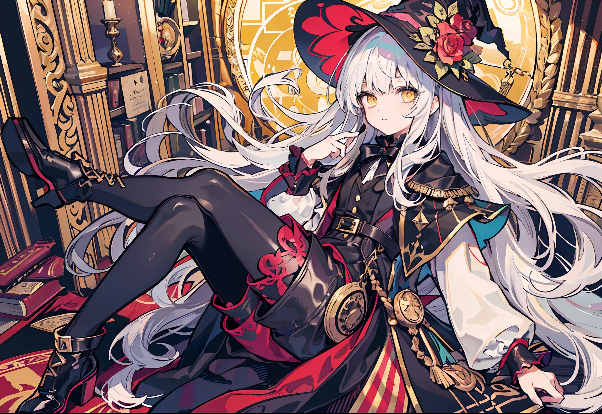 White hair, bangs, yellow eyes, witch, witch hat, fantasy, fantasy style, black robe, Victorian clothes, aristocratic clothes, long leather boots, black tights, jabot, library, lace cuffs, black elements of clothing, red elements of clothing, white elements of clothing, yellow elements of clothing, sunlight, dim light