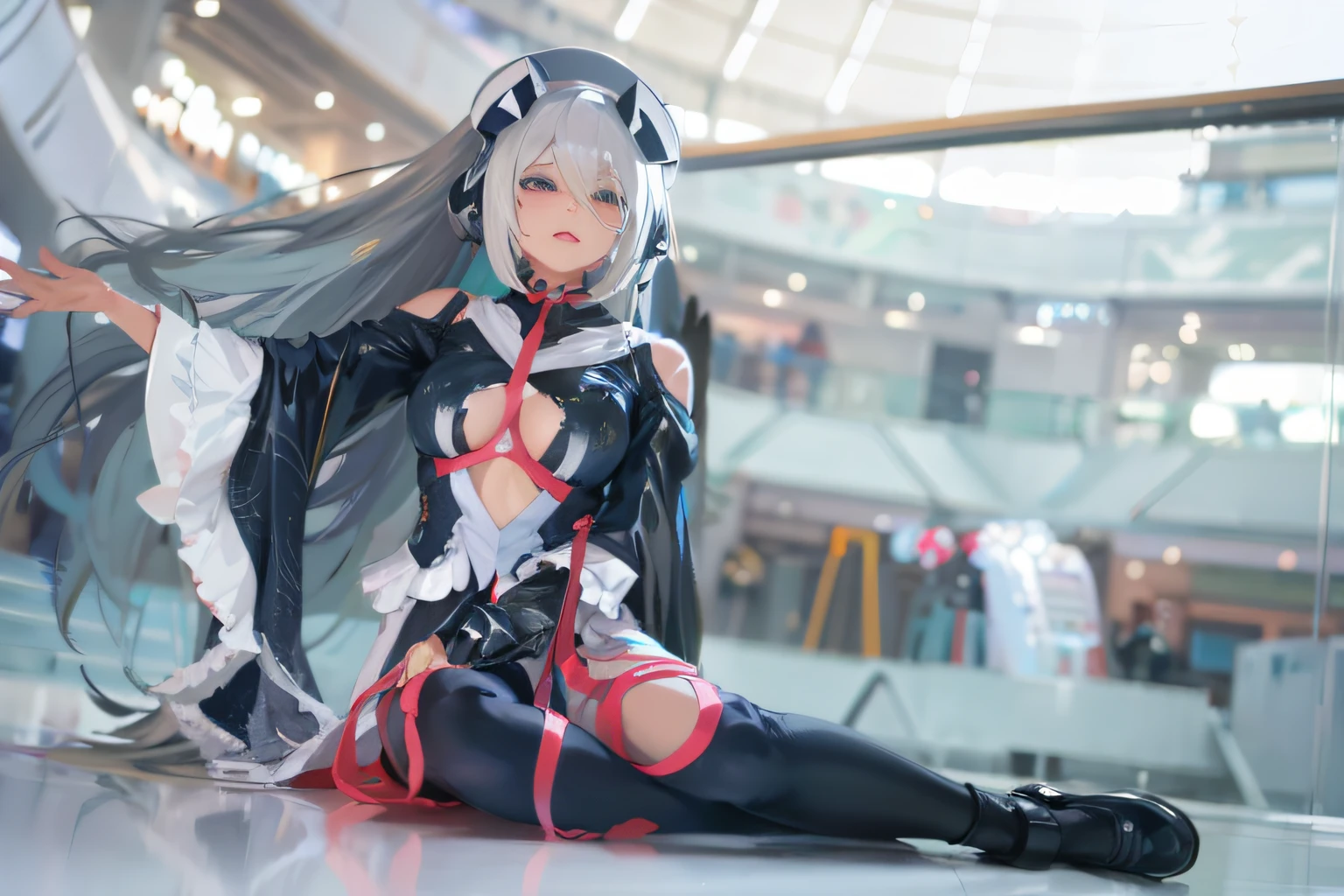 there is a woman in a costume sitting on the floor, Anime girl cosplay, Anime cosplay, cosplay, rpgmaker, professional cosplay, cosplay foto, 2b, 2 b, anime figure; Full-body art, full-cosplay, cosplayer dressed like a crab, hot topic anime convention, Gorgeous Role Play, nier inspired, the anime girl is crouching, anime convention