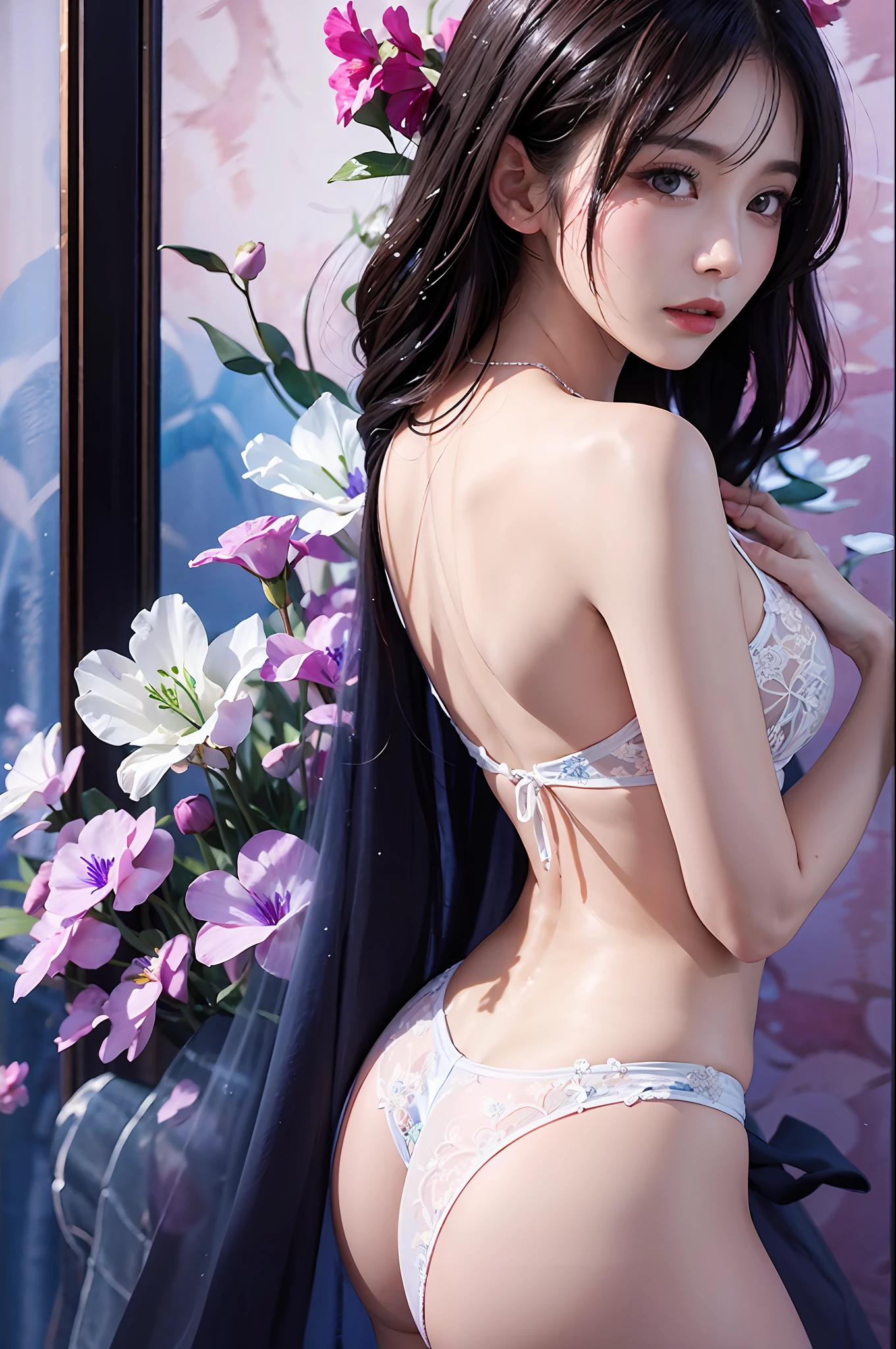 1girl in、florals、Lisianthus、See-through pale pink and lace、See-through in bright azure style、dreamy and romantic compositions、white colors、Ethereal leaves、Playful placement、Fantasia、highly contrast、Ink strokes、explosions、over exposure、Purple and red tone impression、Abstract、(Watercolors by John Barkey and Jeremy Mann))brushstrokes、negative space、see -through、Sheer clothing、Wet clothes、Wet hair、Sheer feeling、with floral pattern、halterneck、Show your back、wetted skin、A sexy、Dynamic Posing
