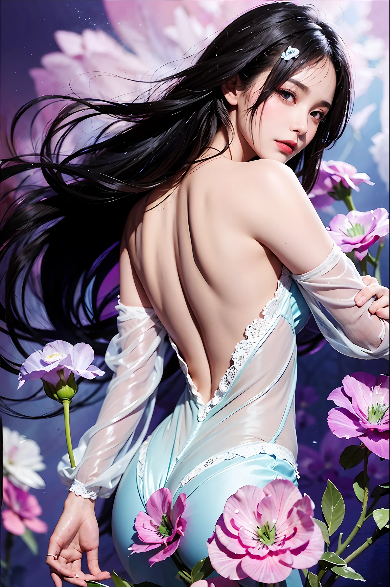 1girl in、florals、Lisianthus、See-through pale pink and lace、See-through in bright azure style、dreamy and romantic compositions、white colors、Ethereal leaves、Playful placement、Fantasia、highly contrast、Ink strokes、explosions、over exposure、Purple and red tone impression、Abstract、(Watercolors by John Barkey and Jeremy Mann))brushstrokes、negative space、see -through、Sheer clothing、Wet clothes、Wet hair、Sheer feeling、with floral pattern、halterneck、Show your back、wetted skin、A sexy、Dynamic Posing