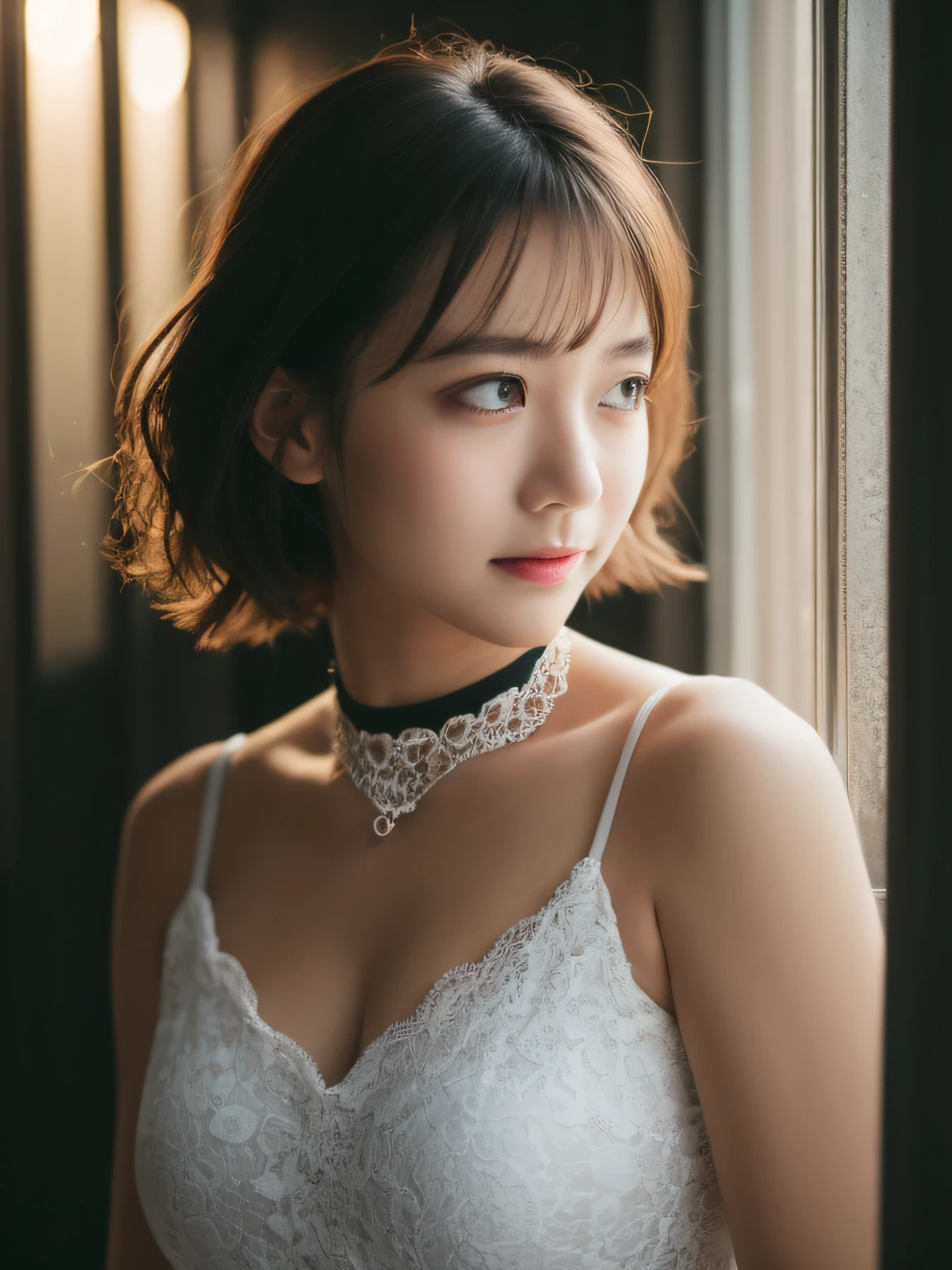 best qualtiy, tmasterpiece, 超高分辨率, (realisticlying:1.5), RAW photogr, 1girll, ssmile,bshoulders,choker necklace,Black lace eye patch,in the darkness nigth, deep shading, low tune, cold light, Sexy look, short detailed hair,rays of sunshine