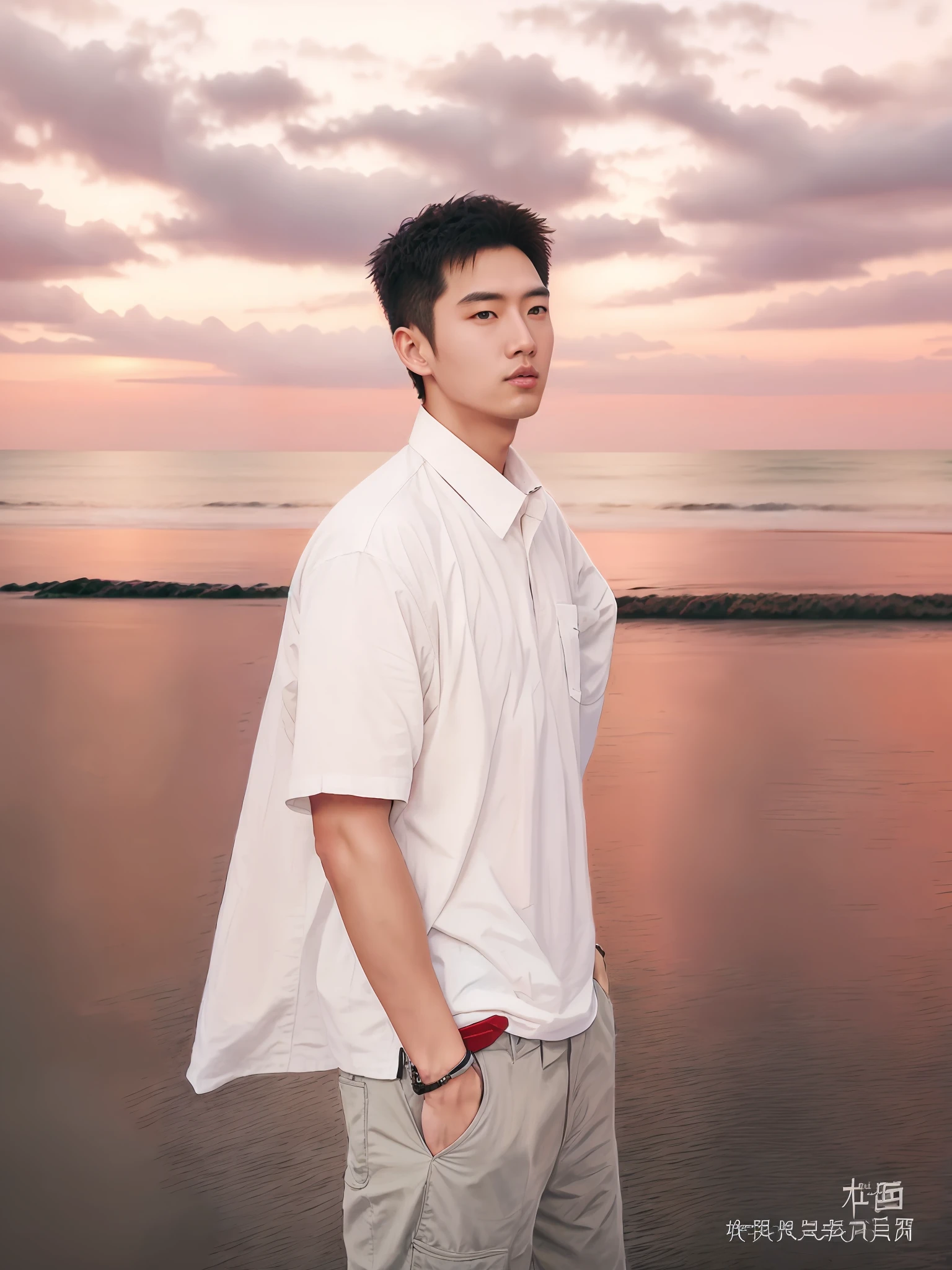 Arafeld man standing on the beach,hands in a pocket, Cai Xukun, inspired by Ding Yunpeng, hyung tae, yanjun cheng, Inspired by Ding Guanpeng, inspired by Huang Gongwang, ryan jia, steve zheng, handsome chad chin, Inspired by Xiao Yuncong, hong june hyung, Inspired by Seki Dosheng --auto