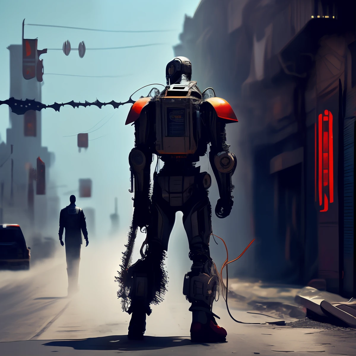 Dark_Fantasy,Cyberpunk,(chain saw,chain saw man,Red:1.1),1man,Mechanical marvel,Robotic presence,Cybernetic guardian, wearing a worn-out mech suit, intricate, (steel metal [rusty]), elegant, clear focus, shot by greg rutkowski, soft lighting, vibrant colors, masterpiece, ((street)), cowboy shot, dynamic pose,