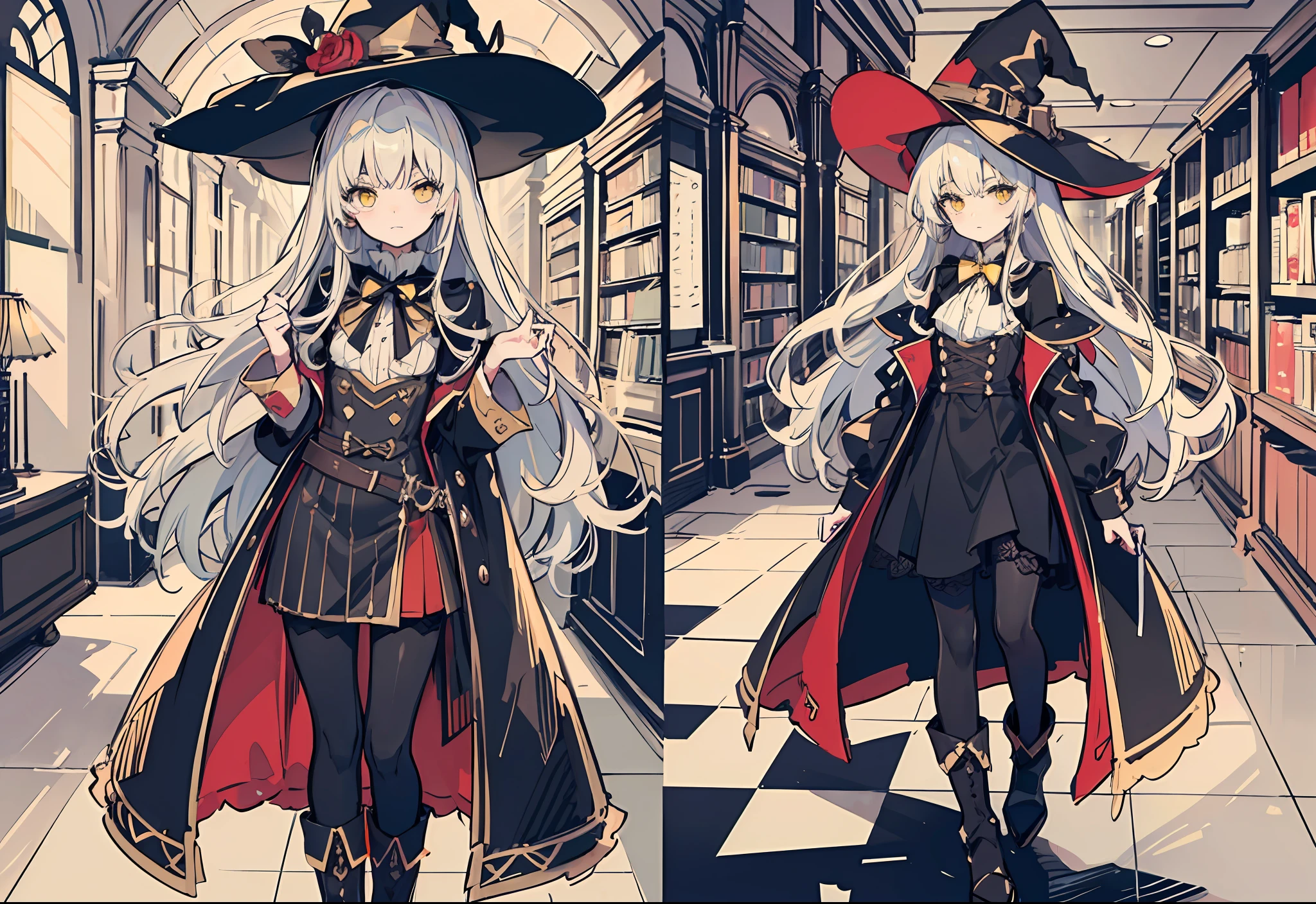 White long hair, bangs, yellow eyes, witch, witch hat, fantasy, fantasy style, black robe, Victorian clothes, aristocratic clothes, long leather boots, black tights, jabot, library, lace cuffs, black elements of clothing, red elements of clothing, white elements of clothing, yellow elements of clothing, sunlight, dim light, puffy hair, hair sticking out, ((sketch, sketch style, pastel style, dull colors, soft colors))