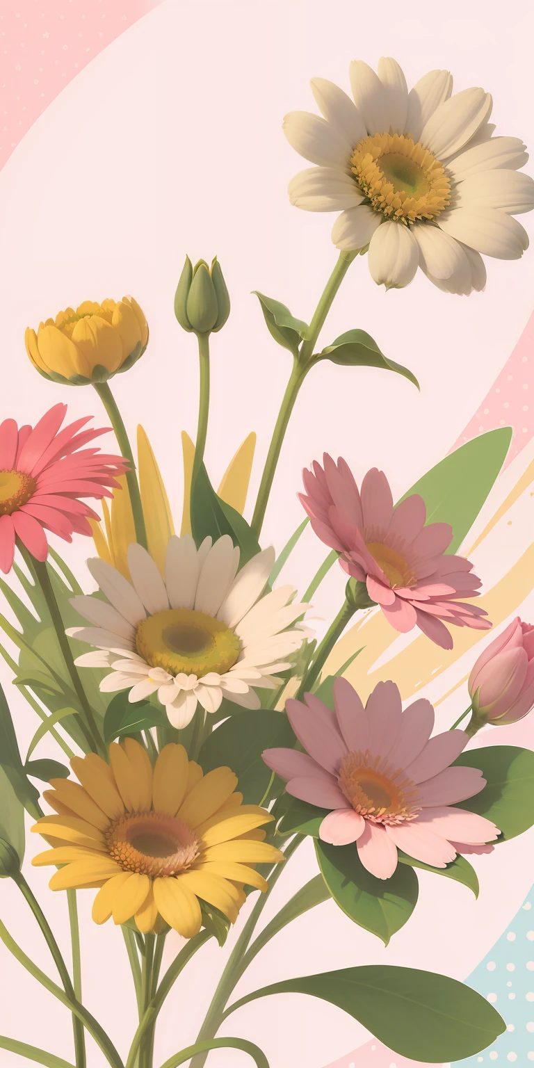 There is a picture of a bouquet of flowers,There is a happy daily sign on it, flowers and stems, flowers in the background, Floral Pop Art, patchy flowers, stylized flowers, spring flowers, Pink flowers, soft flowers, Digital illustration, graphic detail, Stems, There are flowers, florest background, Flower background, opulent, bloom and flowers in background