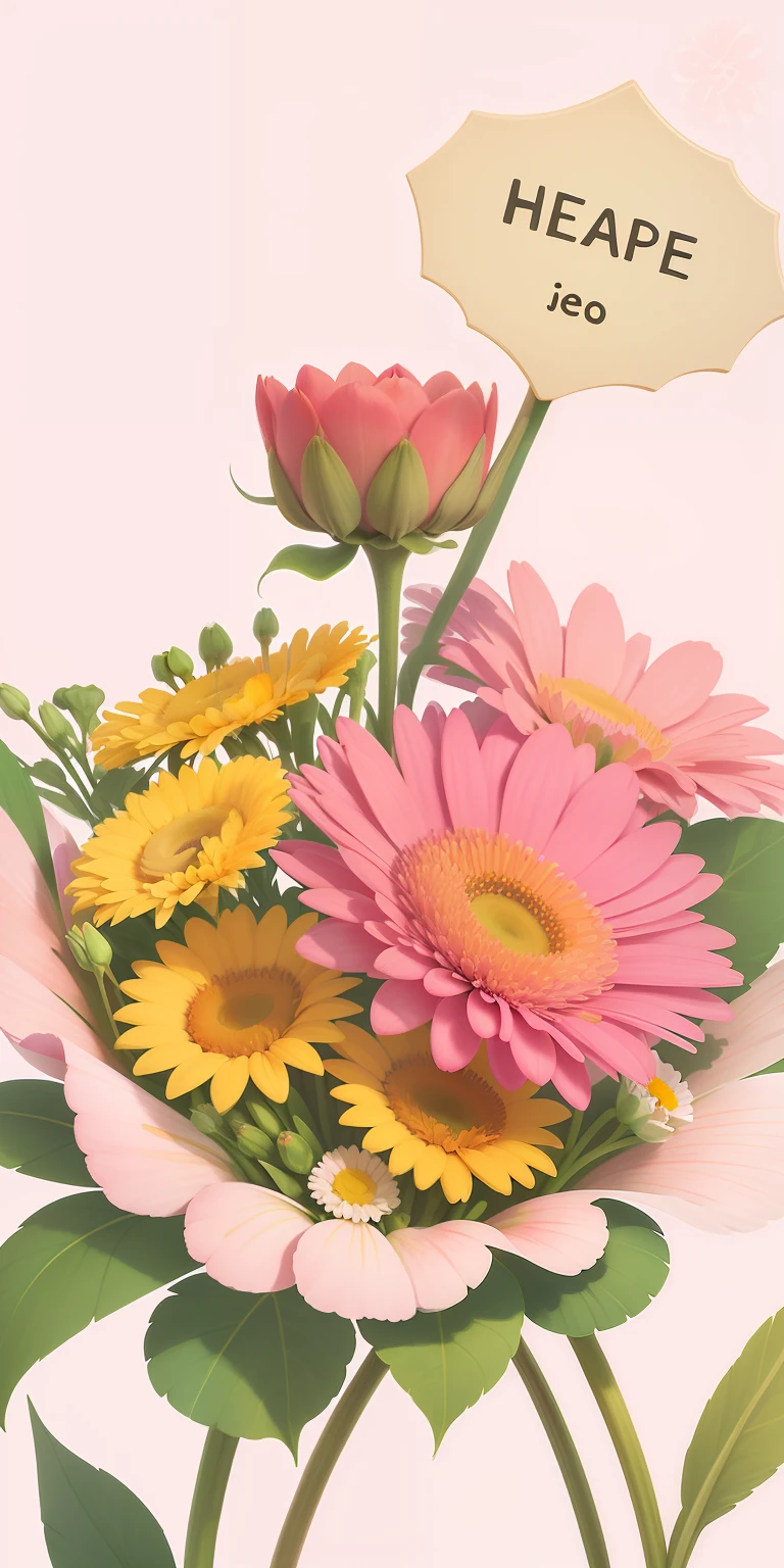 There is a picture of a bouquet of flowers，There is a happy daily sign on it, flowers and stems, flowers in the background, Floral Pop Art, patchy flowers, stylized flowers, spring flowers, Pink flowers, soft flowers, Digital illustration, graphic detail, Stems, There are flowers, florest background, Flower background, opulent, bloom and flowers in background