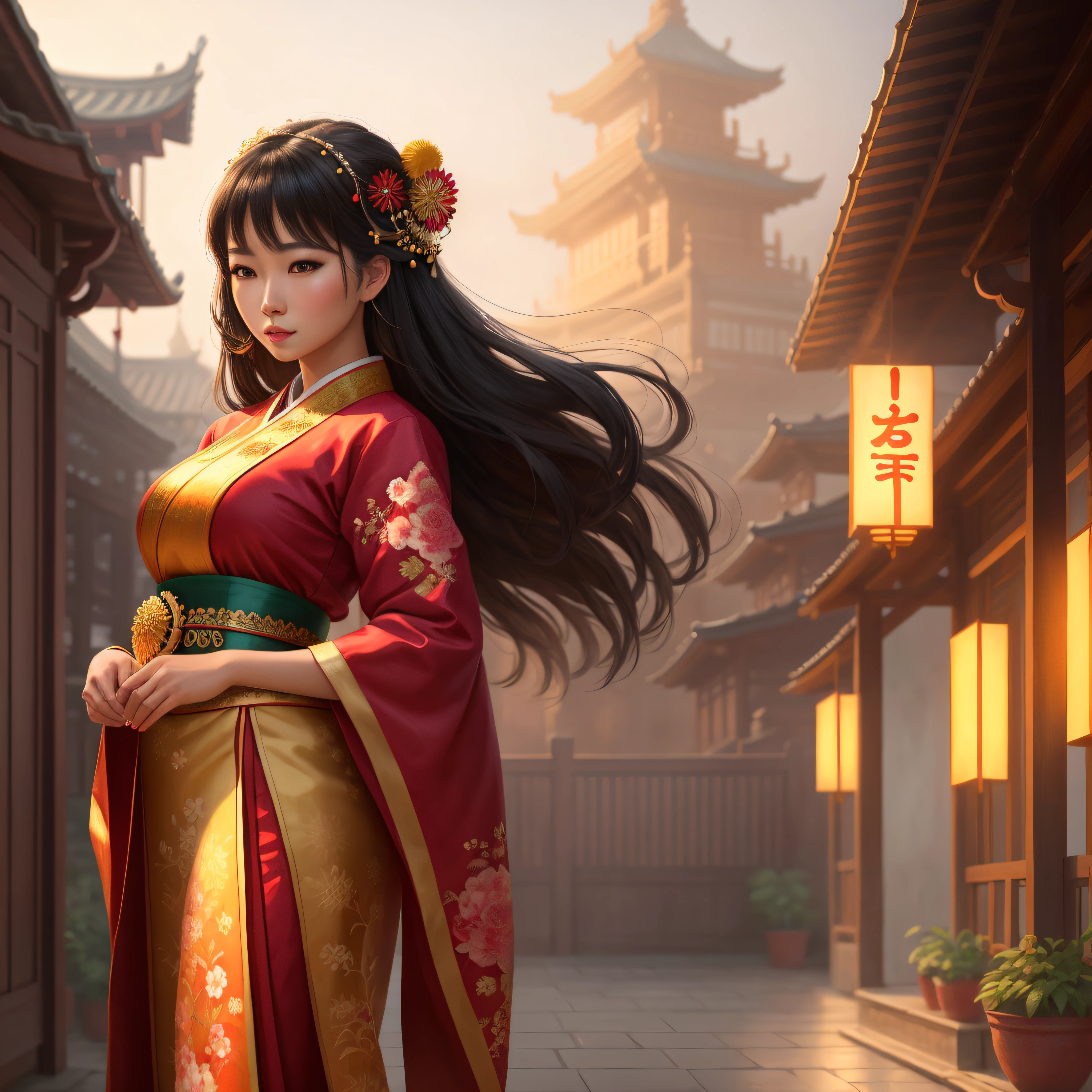 Asian Beautiful Woman, Traditional Dress, Detailed, Hyper Realistic, 8k, UHD, Full Color, Digital Painting, Cinematic Beautiful Background