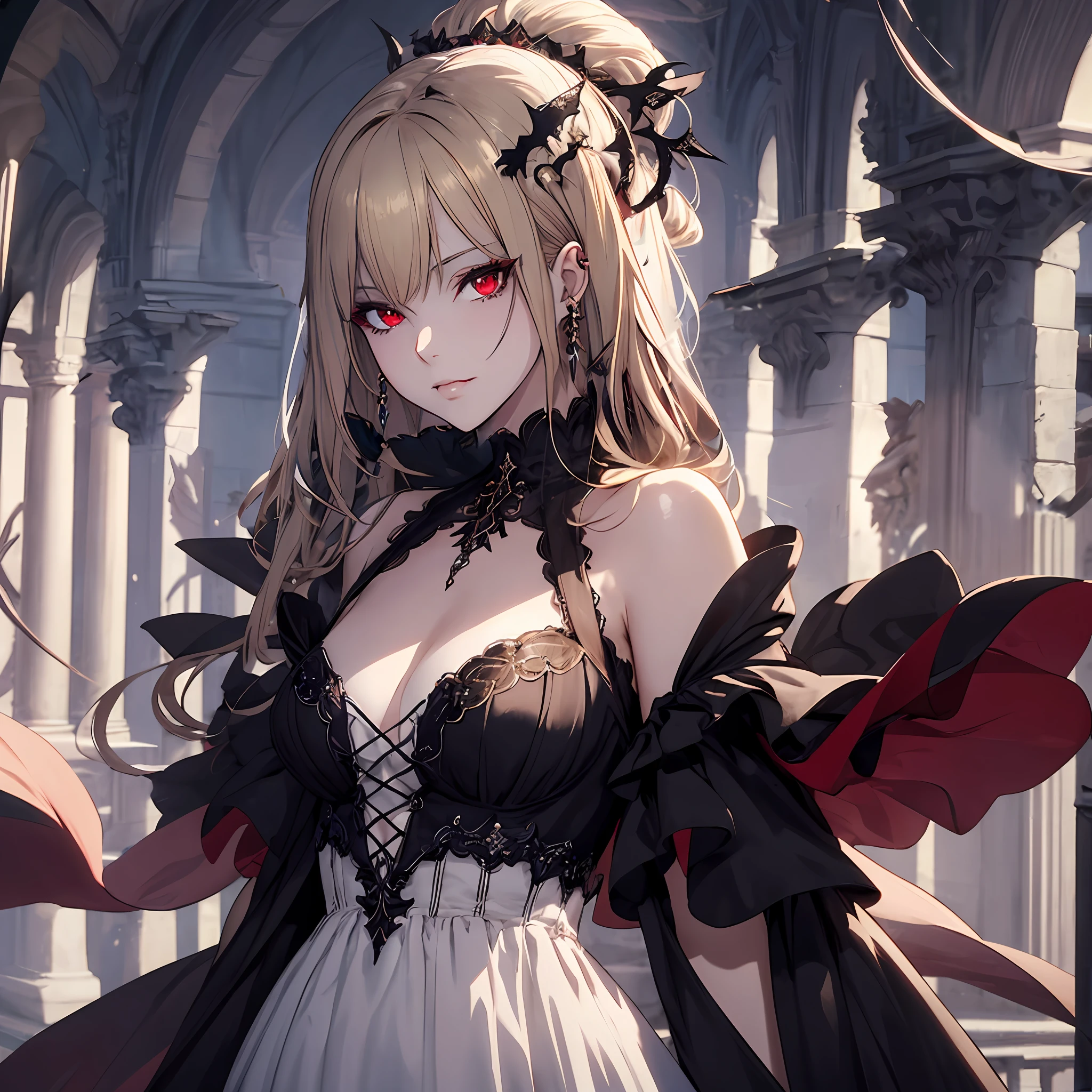 masterpiece, best quality, 1woman, adult, female focus, solo, light blonde hair, long hair, vibrant red eyes, looking at viewer, closed mouth, bangs, Fantasy aesthetics, Highly detailed, shadowverse style, epic exquisite character art, beautiful elegant, gothic dress