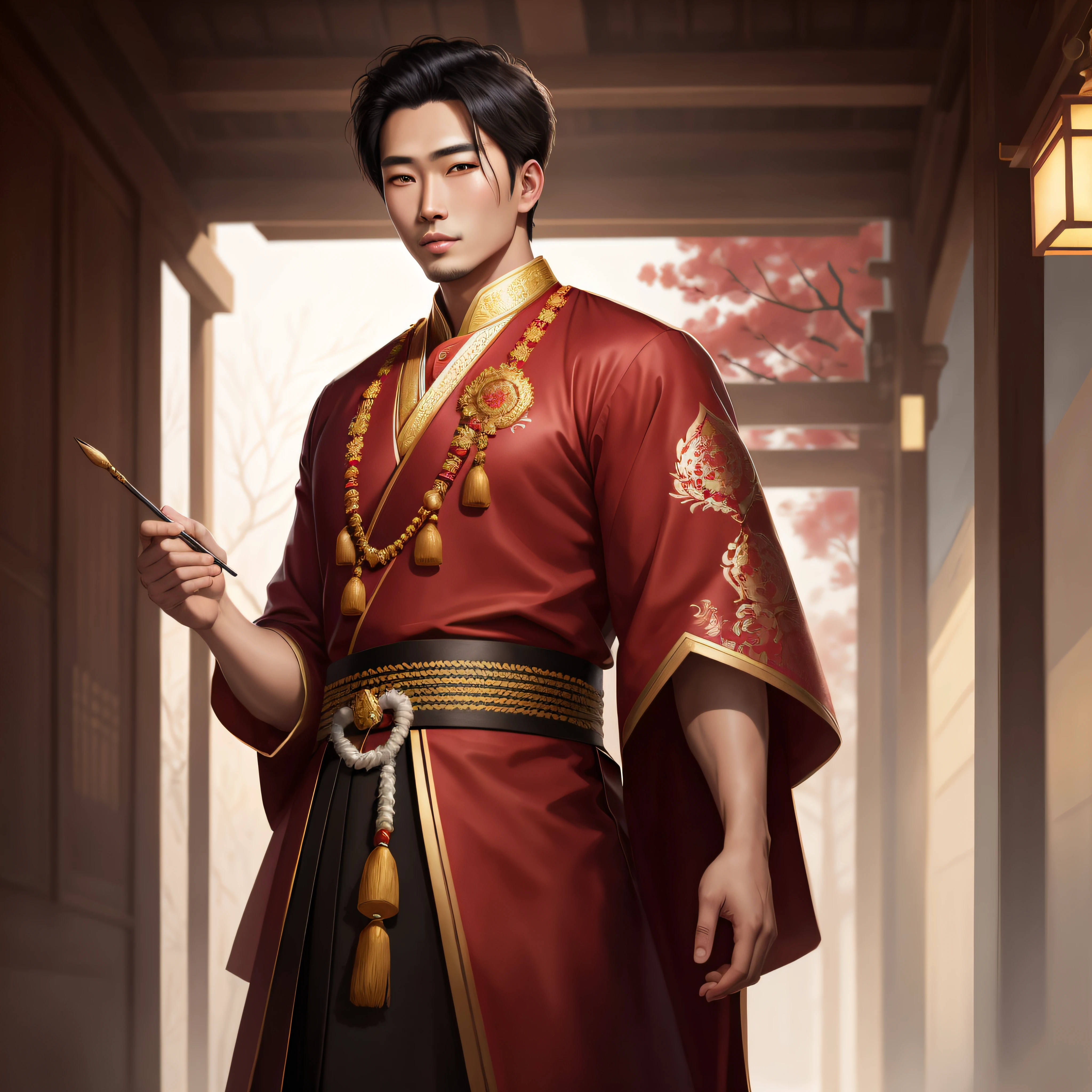 Asian Handsome man, Traditional Dress, Detailed, Hyper Realistic, 8k, UHD, Full Color, Digital Painting, Cinematic Beautiful Background