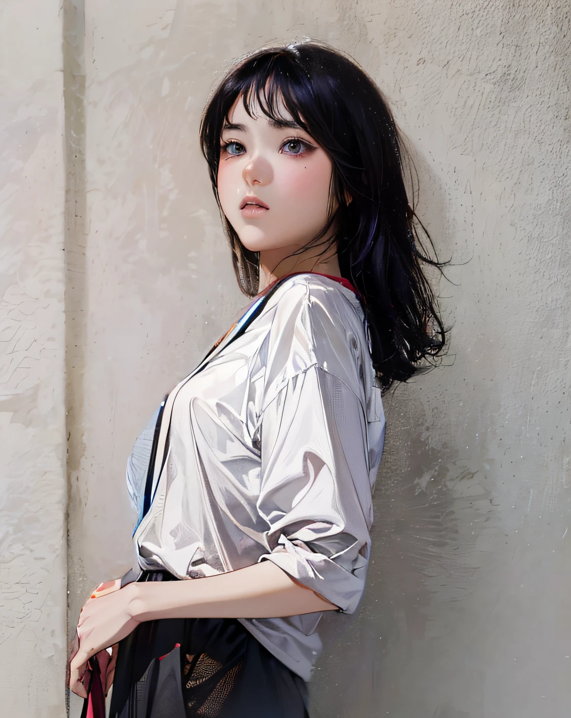 1 girl, yamaguchi nonoka, anime girl, beautiful, cute, intricate details, smooth soft skin, big dreamy eyes, beautiful intricate colored hair, symmetrical, anime wide eyes, soft lighting, detailed face, by makoto shinkai, detailed hand, good proportion, look at side, natural hair, masterpiece, best quality, comfy cloth, white t-shirt