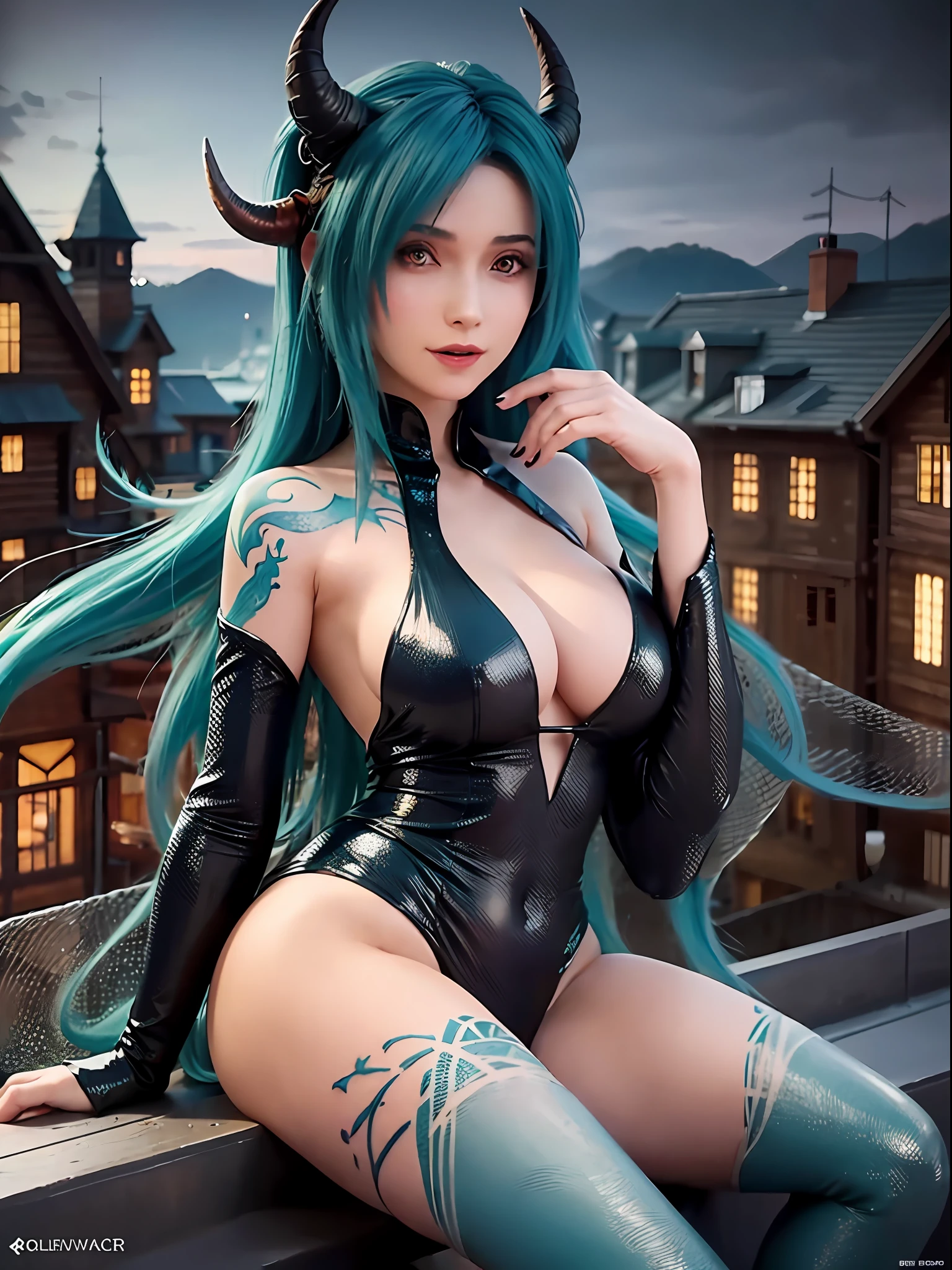 Best_quality, A high resolution, gigantic cleavage breasts，extremely_Detailed,1girll, Beautiful_face, navel, Light_Aqua_Hair, Very_Long_Hair, full_Body, Obscenity_tattoo, windmage, Aqua_tattoo, Green_tattoo, waistup_tattoo, Neck_tattoo, Village_Succubus, large wings, Horns, Sitting, (On a high roof), Outdoors, Medieval village background, (Revealing dress), Night