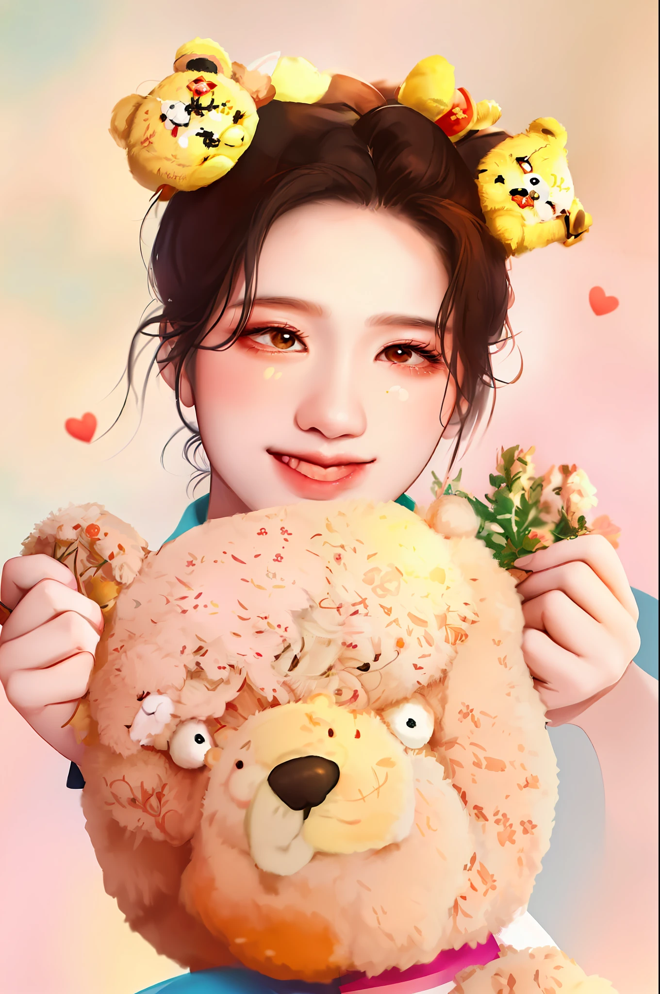There was a woman holding a teddy bear in her hand, Holding a teddy bear, plushie photography, wan adorable korean face, chiho, ulzzangs, young lovely Korean faces, young cute wan asian face, toy bear, lulu chen, Zhang Wanting, headshot profile picture, Kawaii realistic portrait, Choi Hyun-hwa, xintong chen, Gemma Chen