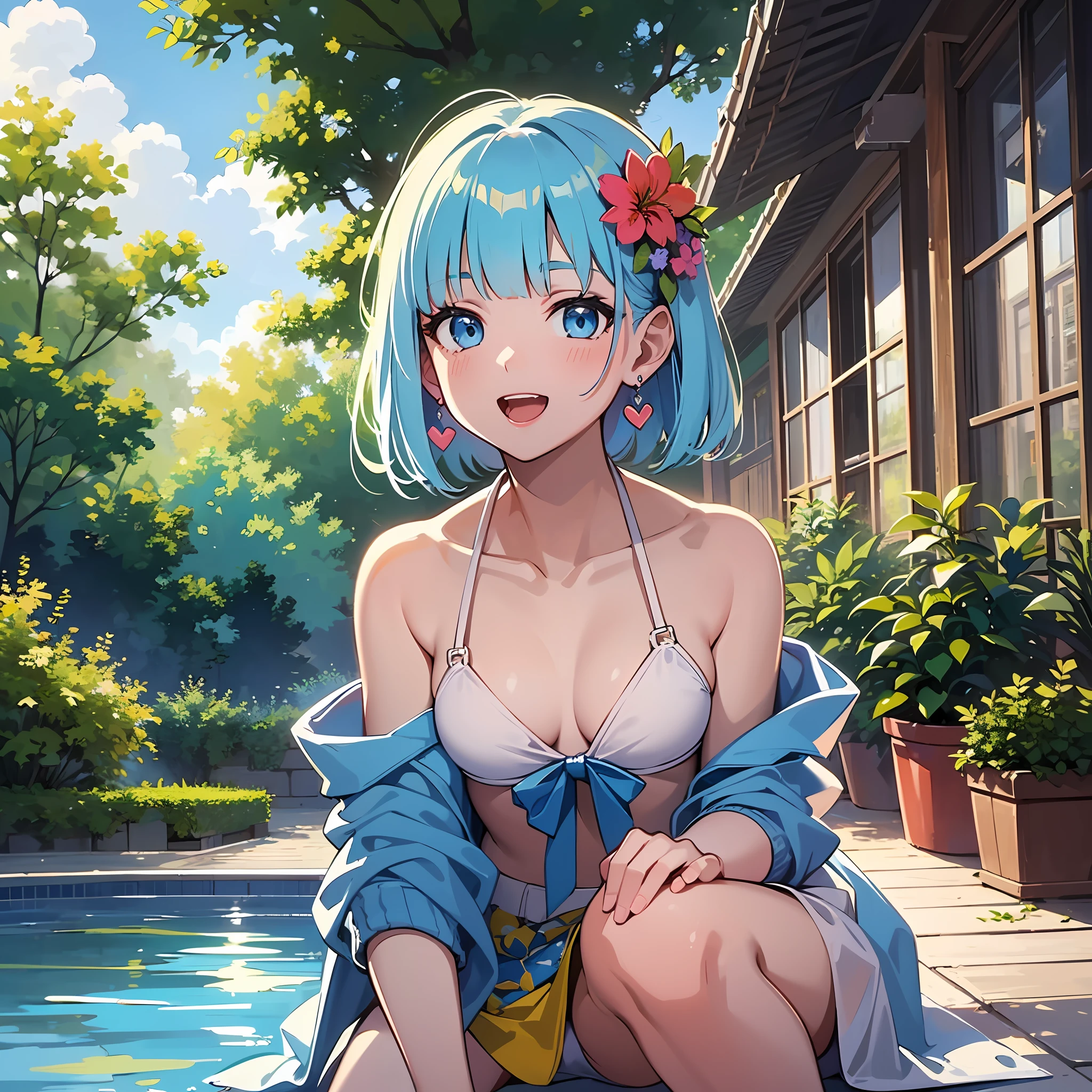 (masterpiece:1.3), (best quality:1.3), high resolution, 


from bellow, ceiling, looking at viewer, upper body, 
squatting, body facing forward, 

(one cute girl:1.3), solo, 
white skin, small , eight-headed person, 
light blue hair, (bobbed hair:1.2), short hair, (blunt bangs:1.2), beautiful hair, blue eyes, beautiful detailed eyes, 

open mouth, happy, heart, cheerful smile, 

, earrings, 

outdoors, beautifully detailed sky, flower garden, natural park, swimming pool, 

shadowlighting,