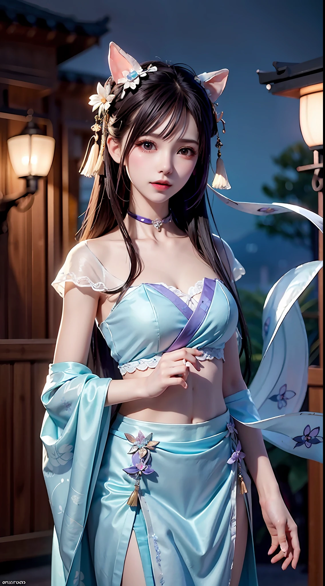 Bust photo，a  beautiful female，messy  hair，teens girl，Symmetrical bun，hair adornments，jewelry，The face is delicate，eye shadows，Purple top，purpleish color，purple，Crop topping，long purple skirt，Dunhuang style，Delicate embroidery，silver decoration，silver streamer，white streamer，Light blue streamer，Fine fine skin，Soft light effects，Delicate and smooth hair，exquisite detailing，Eye highlights，Fair skin，Fine portrayal，Ultimate detail，Cinematic quality，being thin，slenderness，Fragmentation，hair detail，Thin bangs，Shawl hair，Correct bodies，shadowing，Air bangs，8K，Super meticulous，Fine fabric texture，softness，complaisant，Smooth texture，japanese-inspired，Delicate pattern，Correct hand drawing，anatomy correct，acurate，the night，Night，lamplight，dingdall effect，Ray traching，HUD，