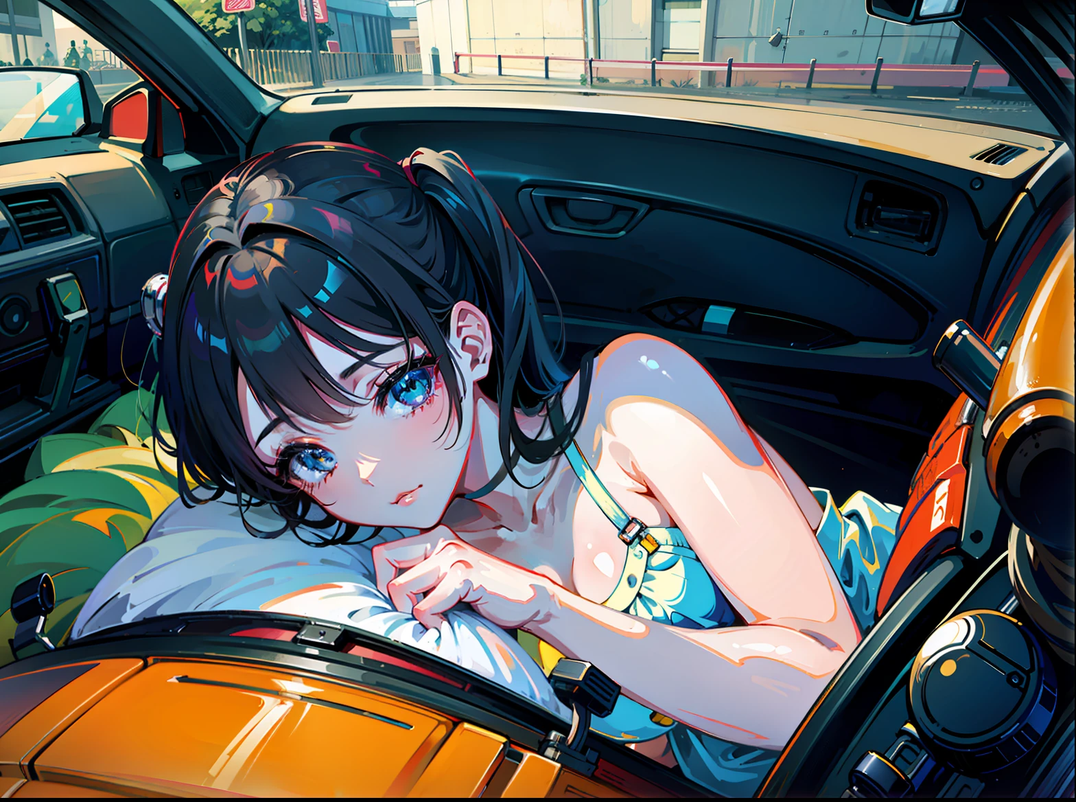 Anime girl in a car with yellow seat belt, 4K anime wallpaper, style of anime4 K, Anime wallpaper 4 k, Anime wallpaper 4K, Anime art wallpaper 4 K, Anime art wallpaper 4k, clean and meticulous anime art, seductive anime girls, ultra hd anime wallpaper, Anime art wallpaper 8 K, anime visual of a cute girl, 4k manga wallpapers,1girl, big breasts beautiful, 独奏, (top down:1.5), (close-up1.5), lying in car。