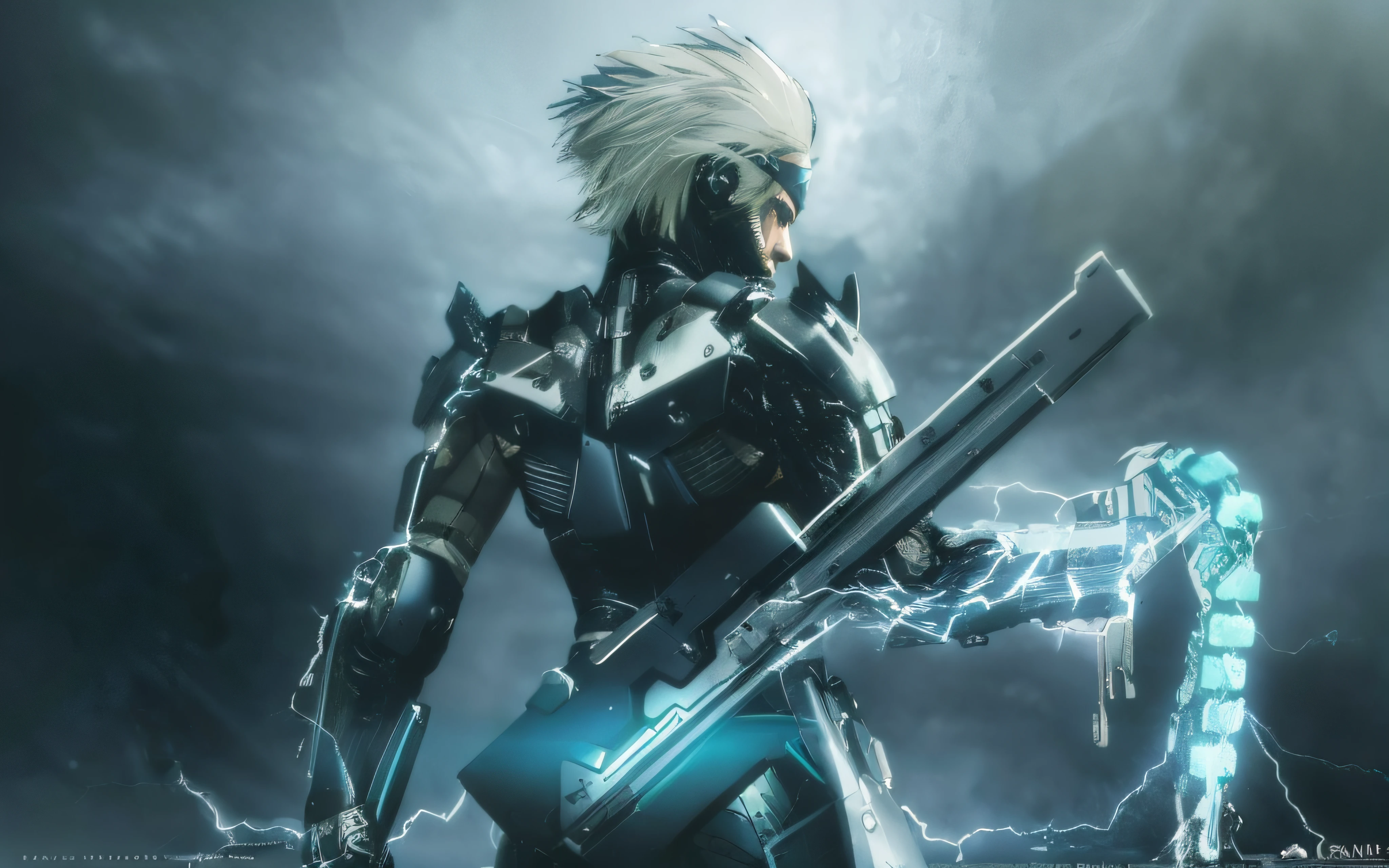 Anime characters with swords and lightning in the background, raiden metal gear, 《Metal Gear Solid rises》Thunderbolt in ,red-eye special effect， metal gear rising revengeance, metal gear rising, metal gear solid revengeance, metal gear solid anime cyberpunk, Badass anime 8 K, High quality digital concept art, metal gear solid art style, wallpaper hd