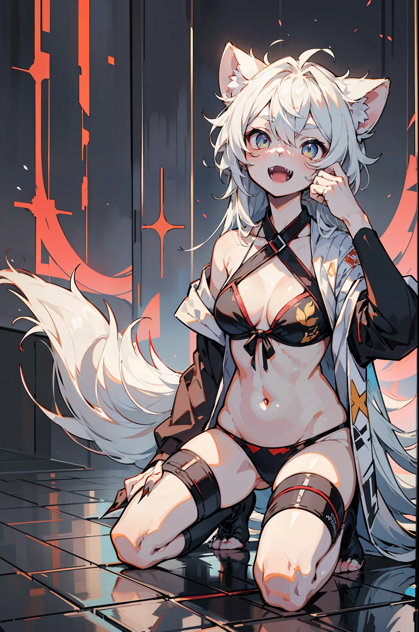 master piece,hyper quality, Hyper Detailed,Perfect drawing,1 beautiful girl、maikurobikini、Ferret ears、Ferret tail、Ferret Palm、Ferret paws、Ferret Hand、sharp claws、Sharp fangs、Eyes aiming at prey、white hair、Dark eyes、Choir、Height 175cm、Measurement B90W55H85、Kneeling、pow pause