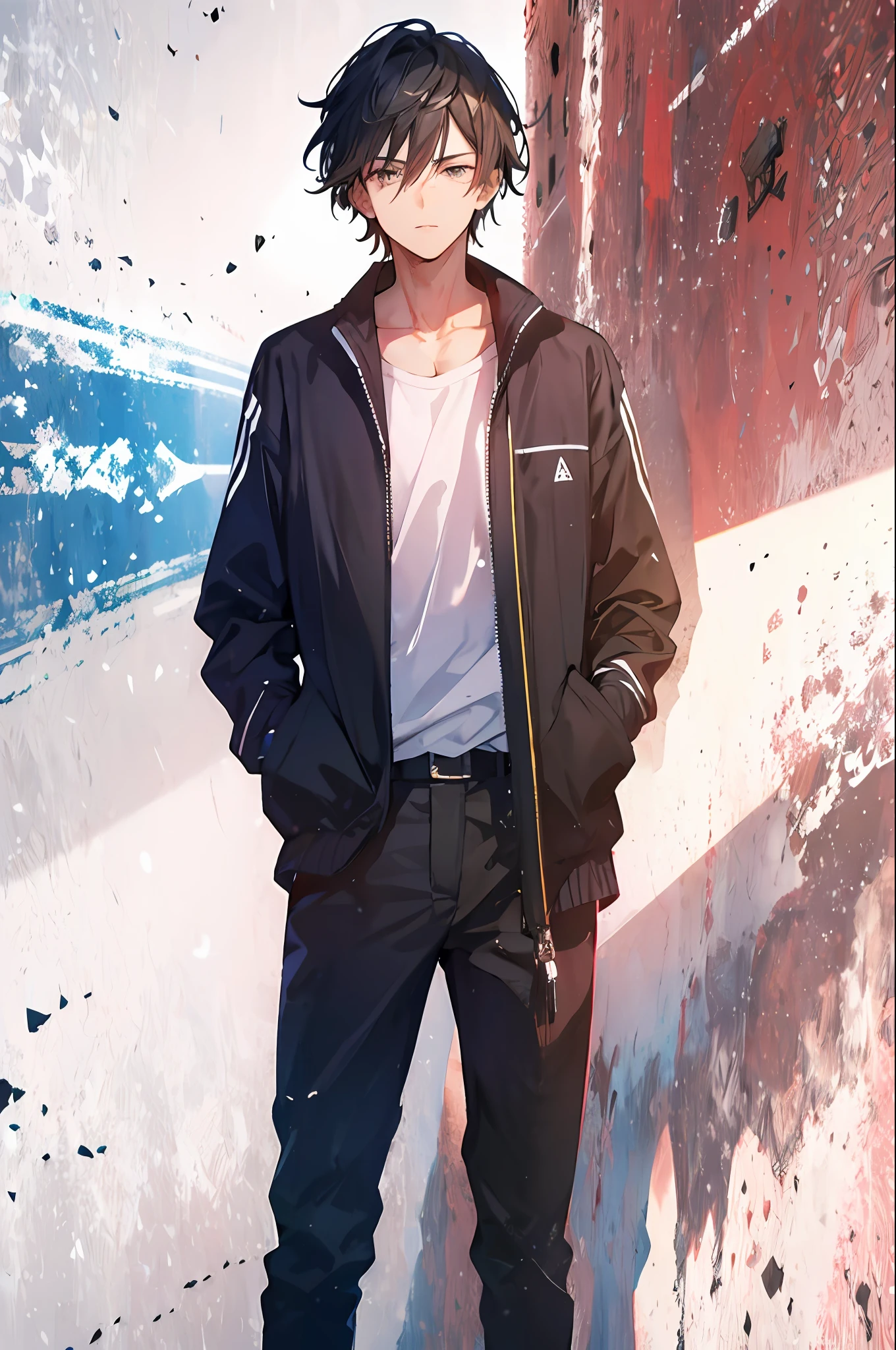 Anime boy in black jacket and white shirt standing in front of a wall ...