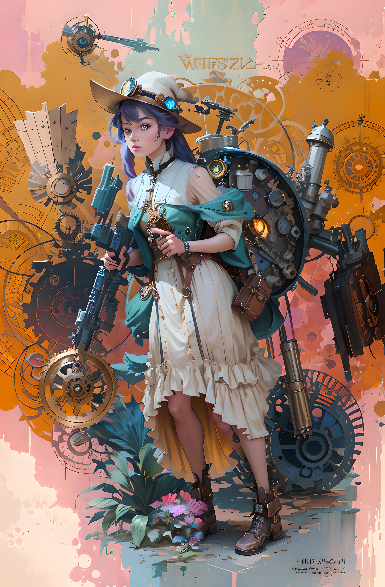 There was a woman carrying a large clock, Colorful sci-fi steampunk, Vivid steampunk concept, girl with warship parts, mechanized witch girl, digital steampunk art, Kushatt Krenz Key Art Women, Guviz-style artwork, Mechanized Valkyrie girl, steampunk beautiful anime woman, estilo de fantasia steampunk, steampunk digital art, steampunk inventor girl，High detail, Tonalism, abstract expressionism, Chiaroscuro, shadowing, Silhouette, 16k, Super detail, Best quality