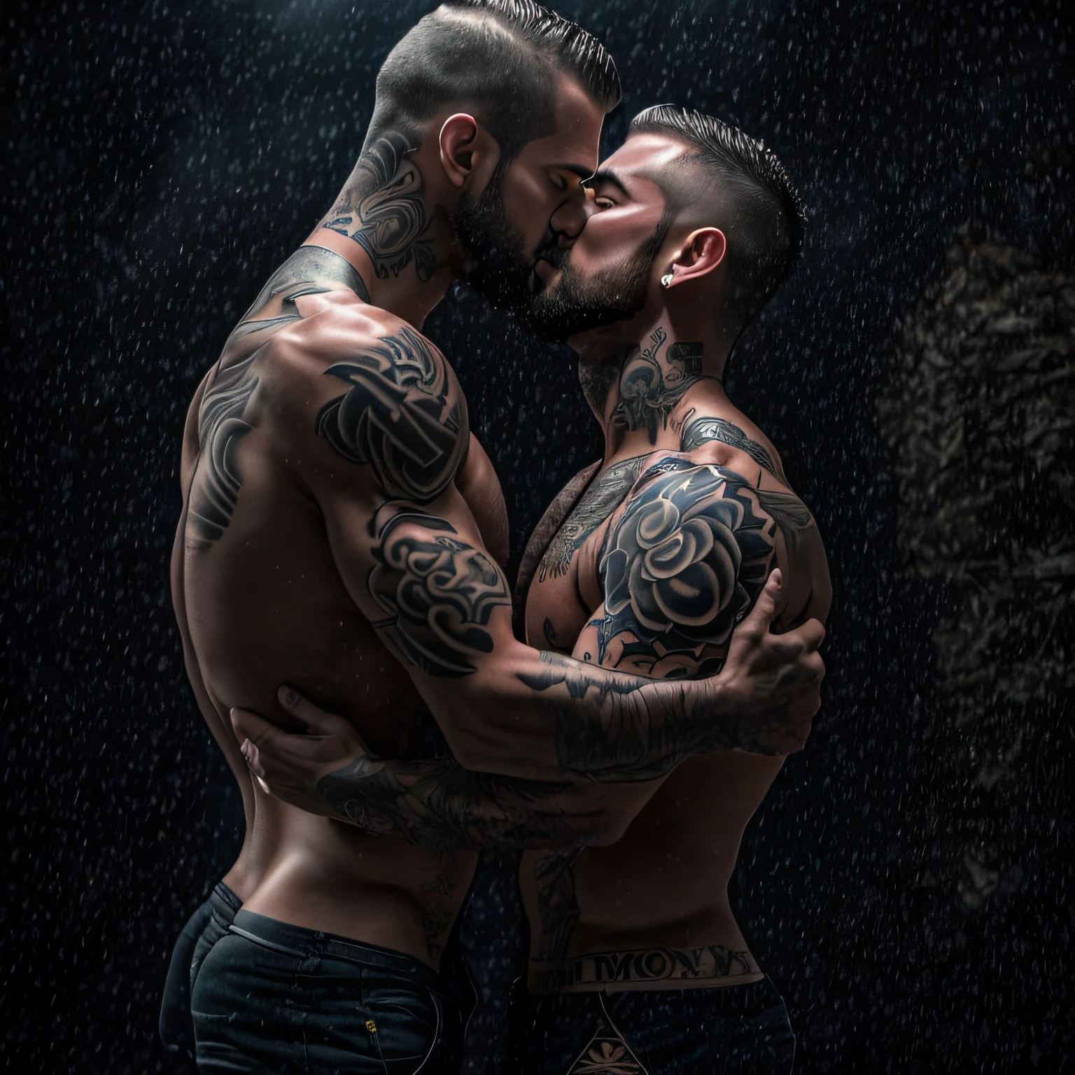 (two deeply passionate, naked tattooed bodybuilder men kissing intensely in a dark and moody atmosphere) full body image, seen from a low angle