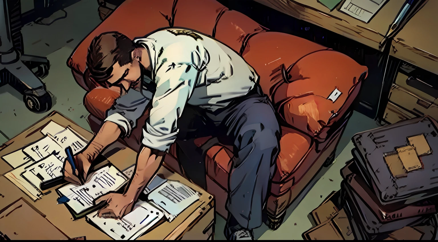 1boys,Leaning against the box,Pick up a pen and write --auto