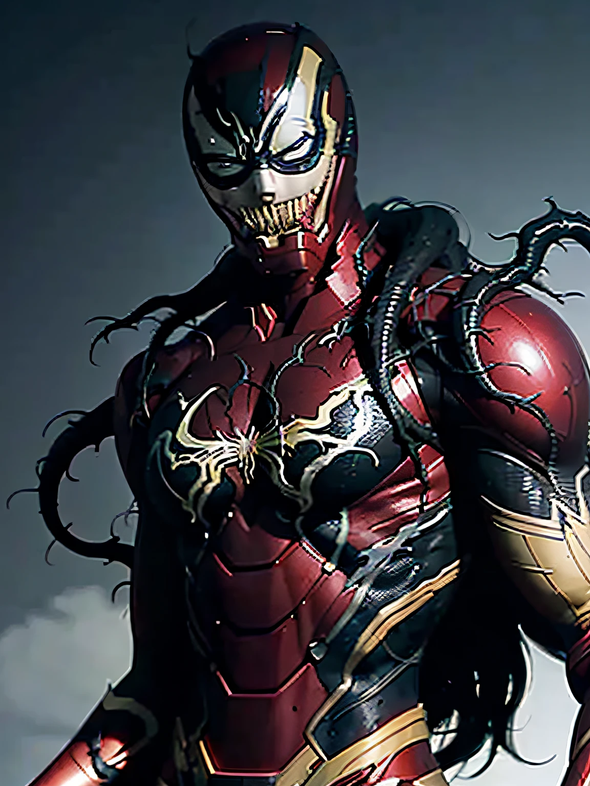 (iron man) as (venom:1.3), mascular, official art, unity 8k wallpaper, ultra detailed, aesthetic, masterpiece, best quality, photorealistic, dark theme crazy smile, waist up