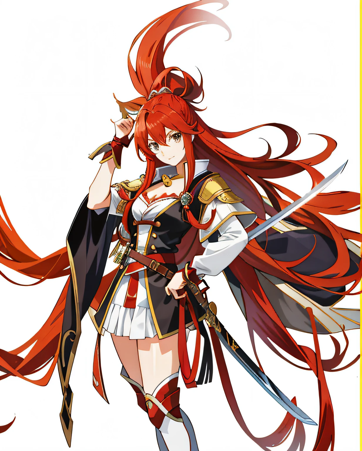 Anime girl with long red hair riding a horse with a sword, Marin Kitagawa fanart, pirate queen, inspired by Li Chevalier, rias gremory, marisa kirisame, nobutaka ike, offcial art, zerochan art, erza scarlet as a real person, she has long redorange hair, pudica pose, official character art, lina