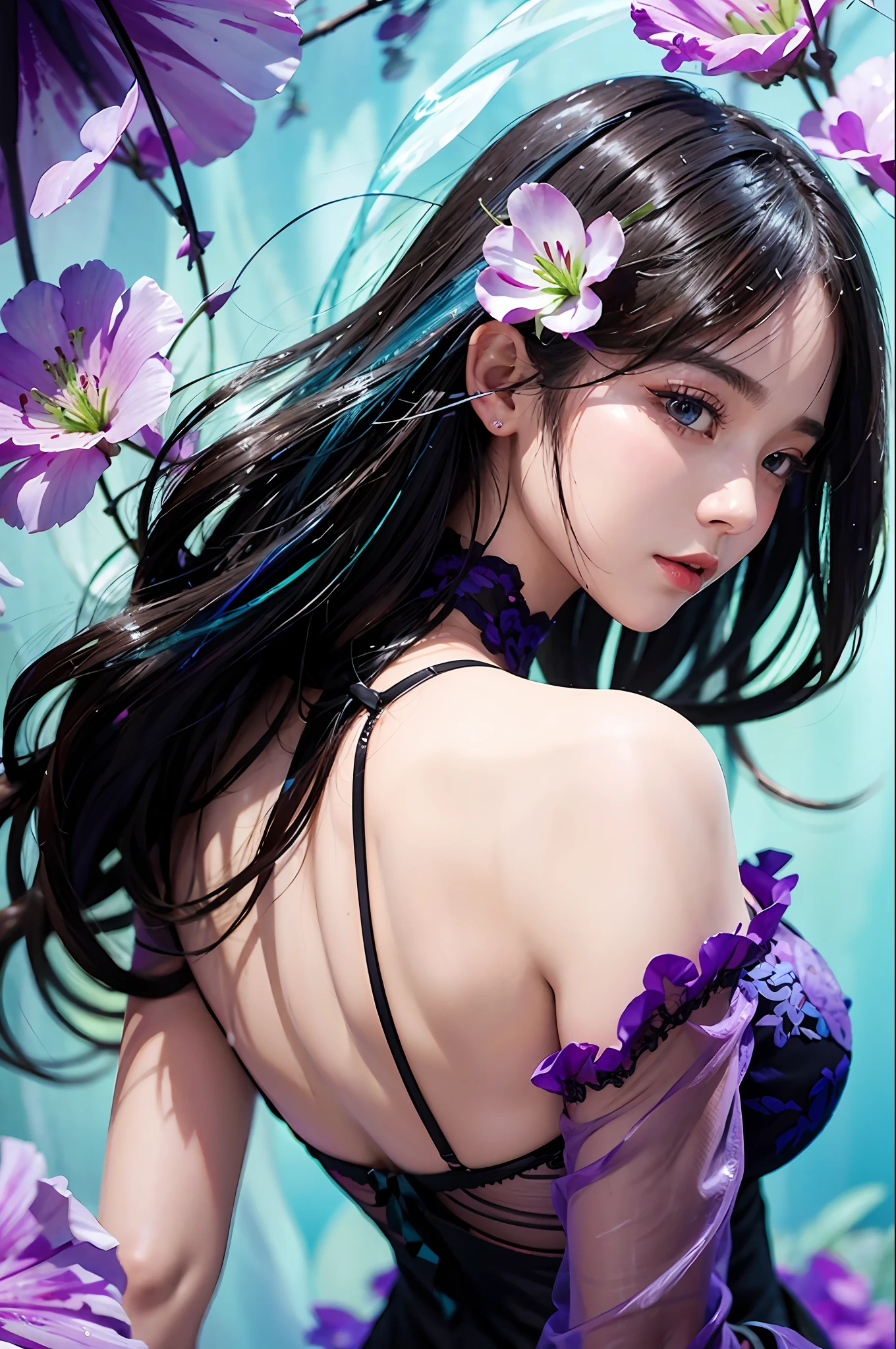 1girl in、florals、Lisianthus、See-through black and lace、See-through in bright azure style、dreamy and romantic compositions、Transparent colors、Ethereal leaves、Playful placement、Fantasia、highly contrast、Ink strokes、explosions、over exposure、Purple and red tone impression、Abstract、(Watercolors by John Barkey and Jeremy Mann))brushstrokes、negative space、see -through、Sheer clothing、Wet clothes、Wet hair、Sheer feeling、with floral pattern、halterneck、Show your back、wetted skin、A sexy、Dynamic Posing