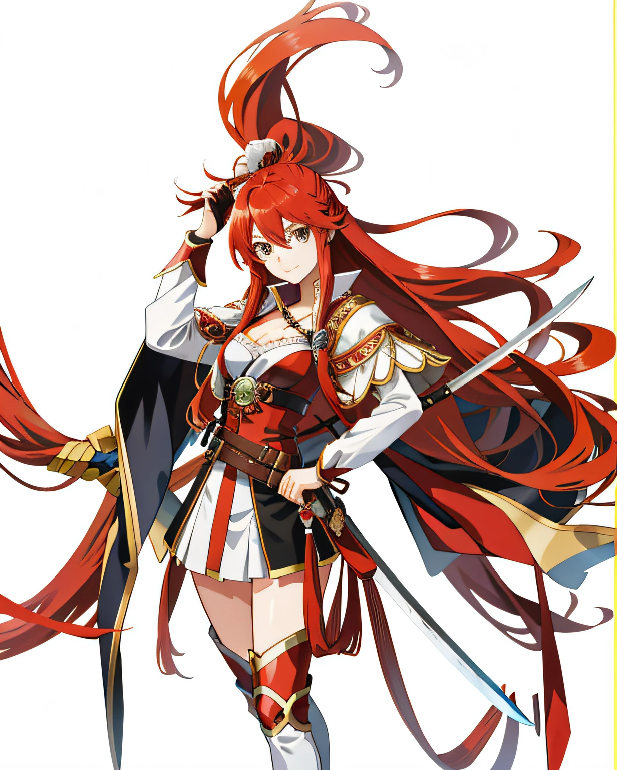 Anime girl with long red hair riding a horse with a sword, Marin Kitagawa fanart, pirate queen, inspired by Li Chevalier, rias gremory, marisa kirisame, nobutaka ike, offcial art, zerochan art, erza scarlet as a real person, she has long redorange hair, pudica pose, official character art, lina